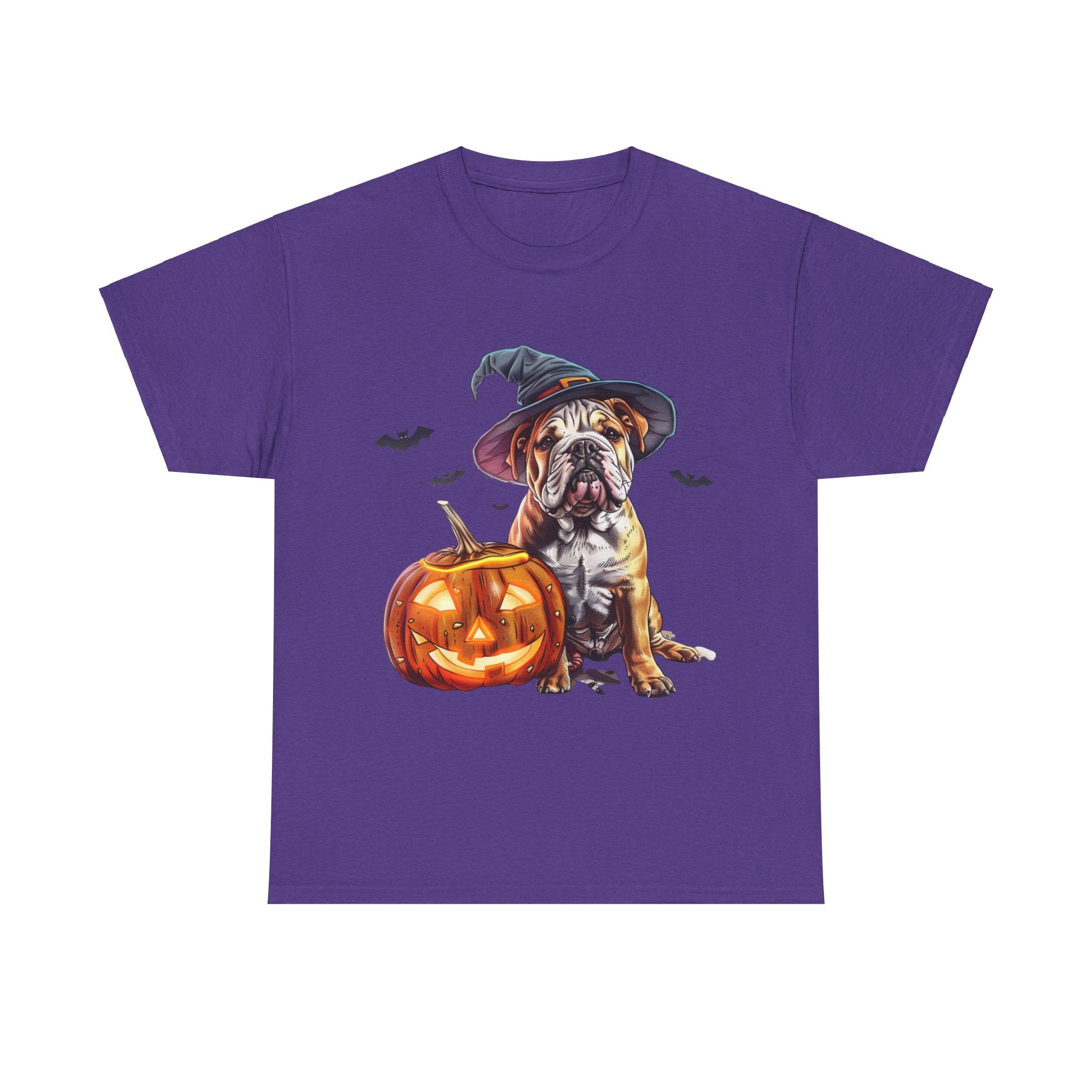 Printify T-Shirt Lilac / S Halloween Bulldog Witch Hat & Pumpkin Glow Unisex Cotton Tee