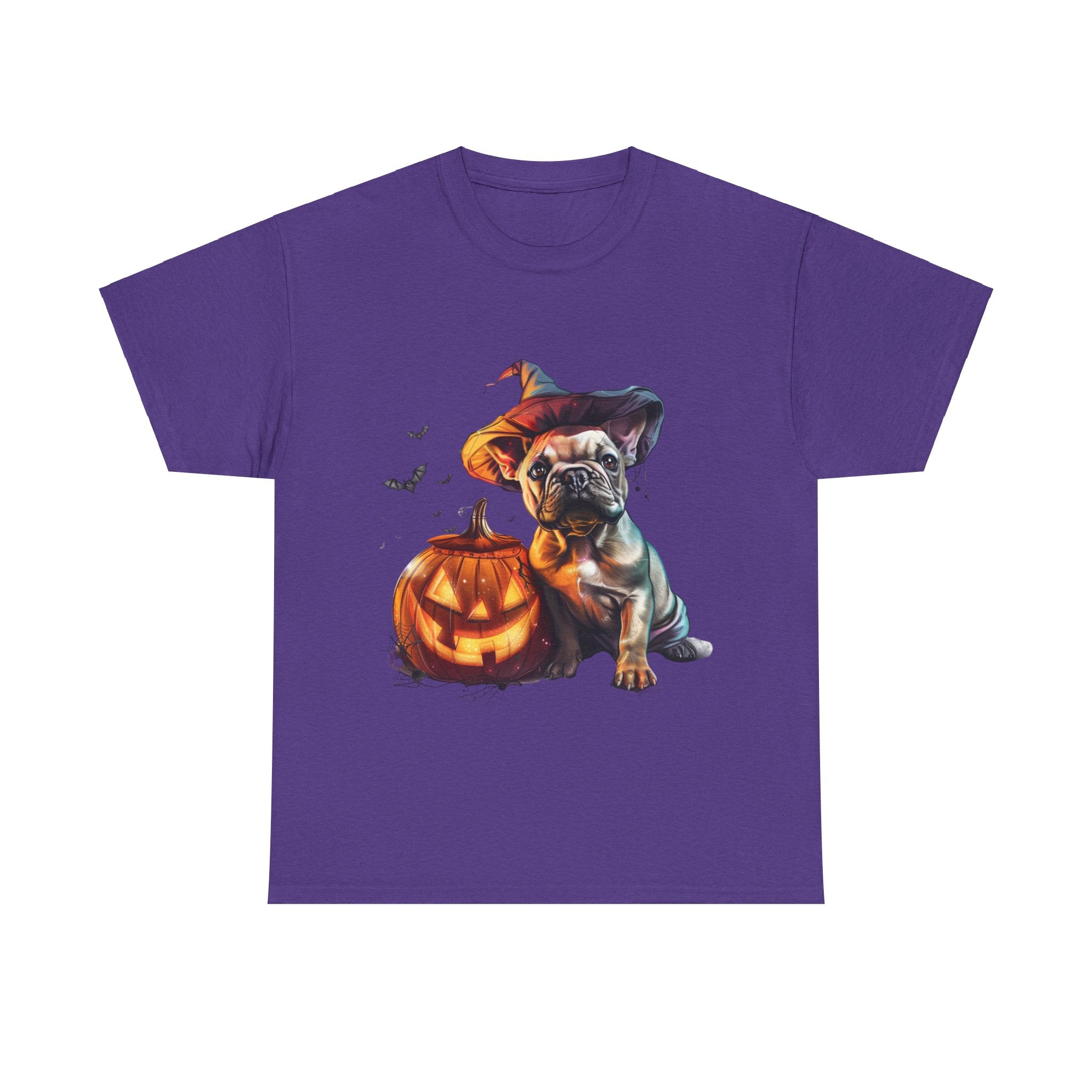 Printify T-Shirt Lilac / S Halloween French Bulldog with Pumpkin and Witch Hat Unisex Cotton Tee