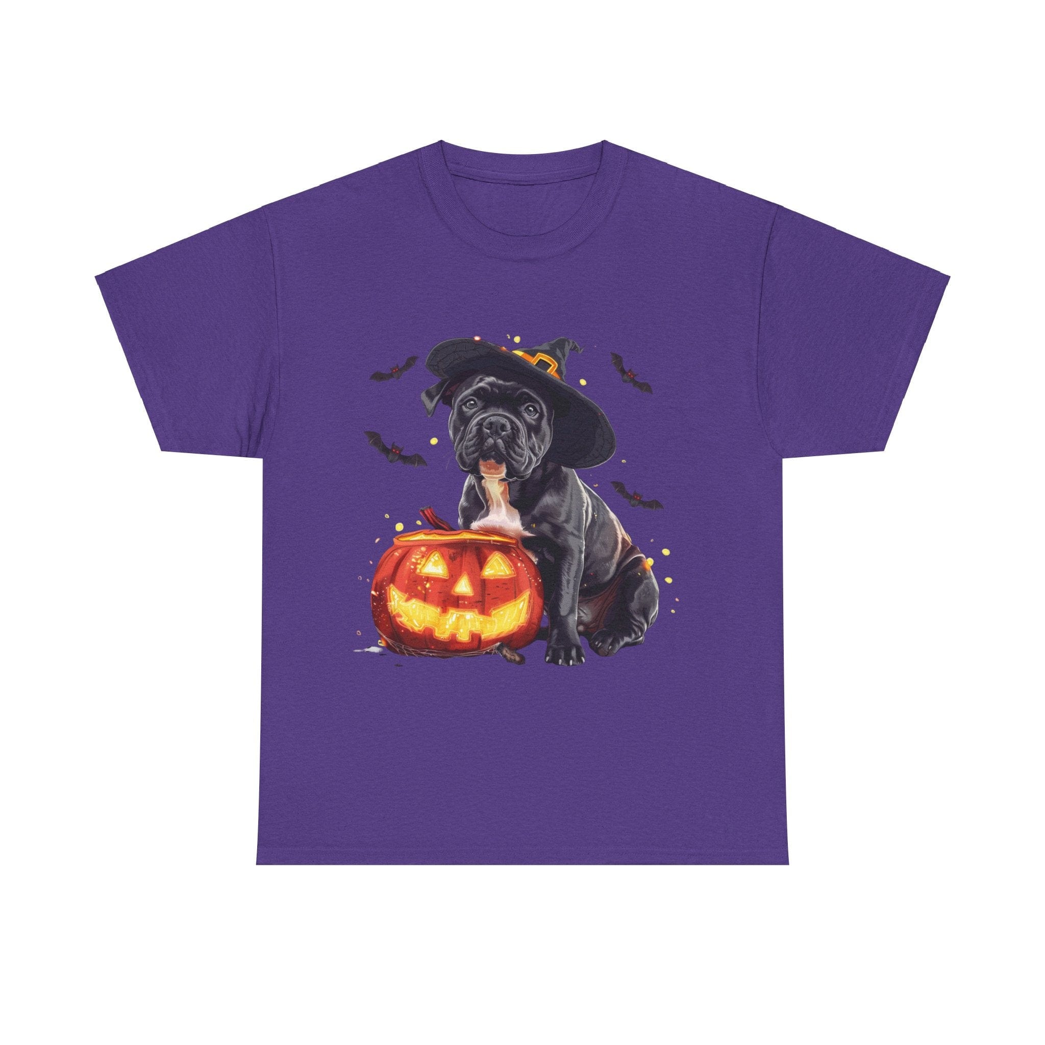 Printify T-Shirt Lilac / S Halloween Staffordshire Bull Terrier in Witch Hat Tee – Unisex Cotton Shirt