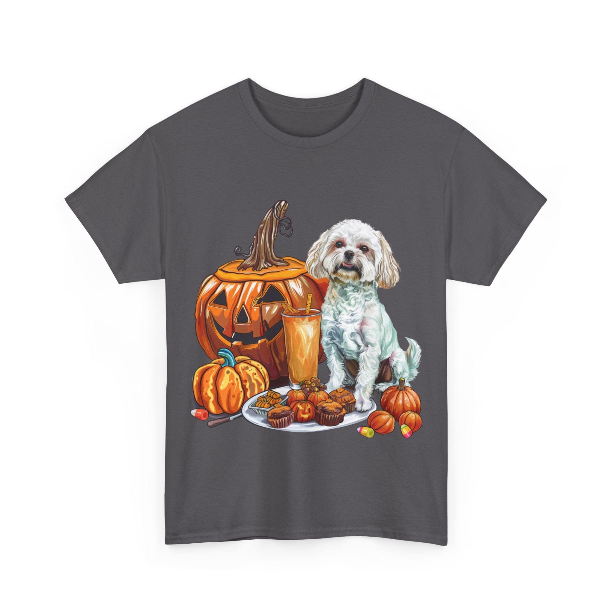 Printify T-Shirt Maltese Halloween Design with Jack-o'-Lanterns and Festive Pumpkin Treats – Perfect for Dog Lovers