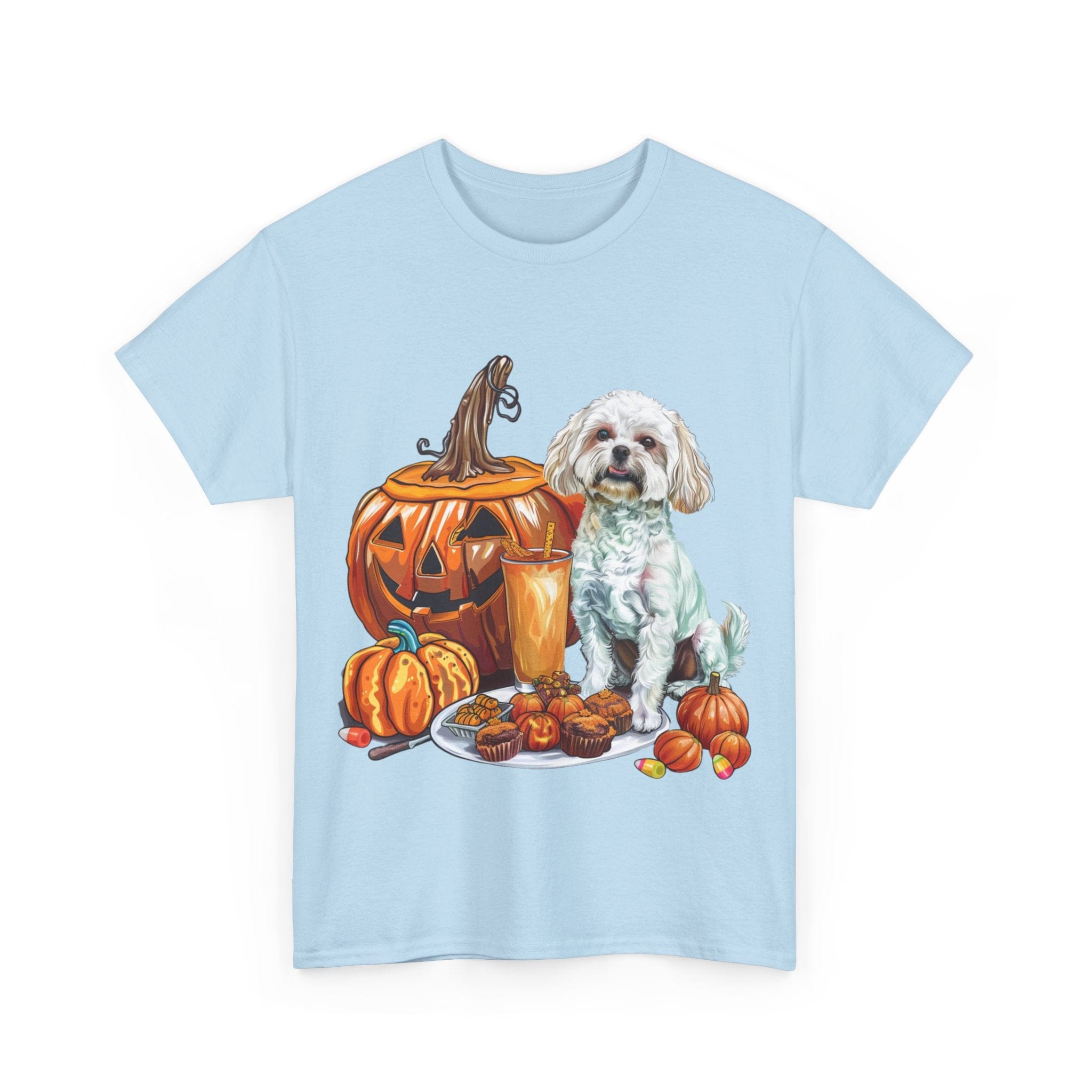 Printify T-Shirt Maltese Halloween Design with Jack-o'-Lanterns and Festive Pumpkin Treats – Perfect for Dog Lovers