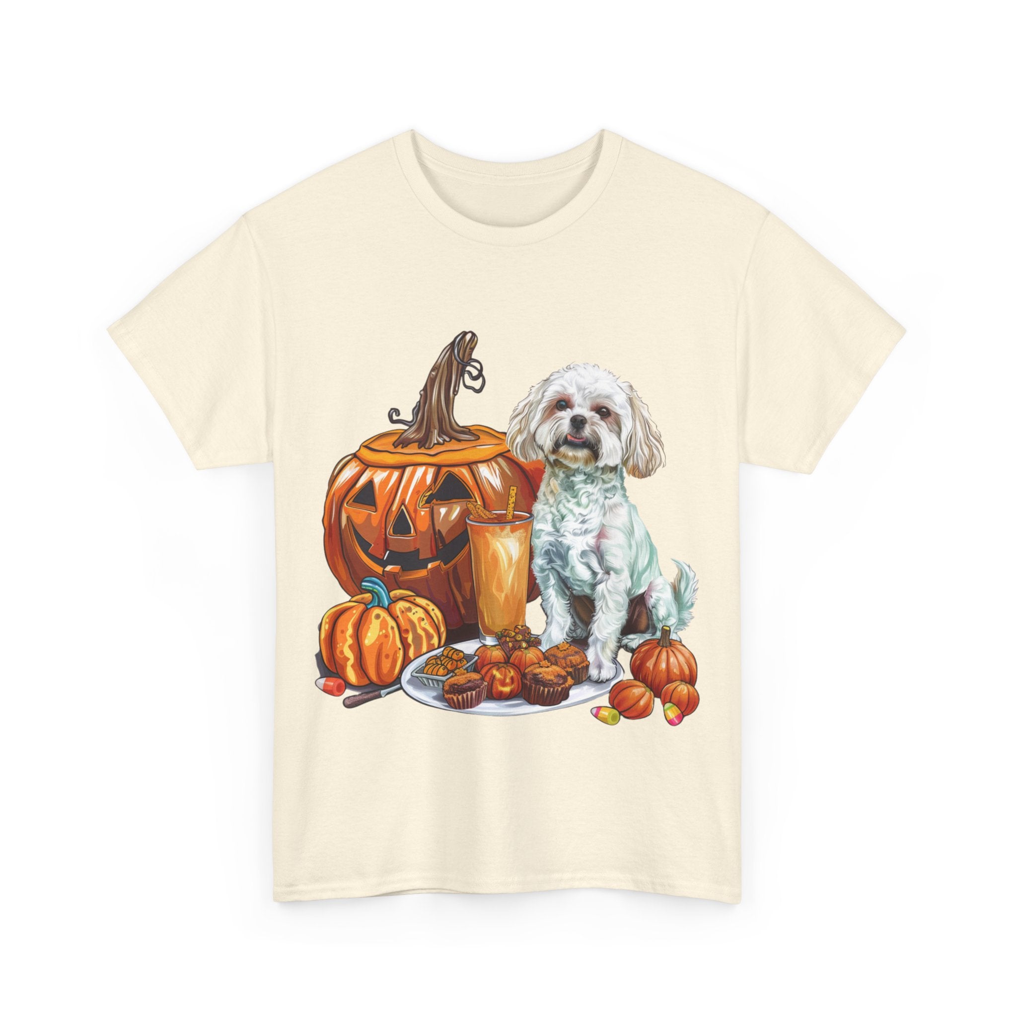 Printify T-Shirt Maltese Halloween Design with Jack-o'-Lanterns and Festive Pumpkin Treats – Perfect for Dog Lovers