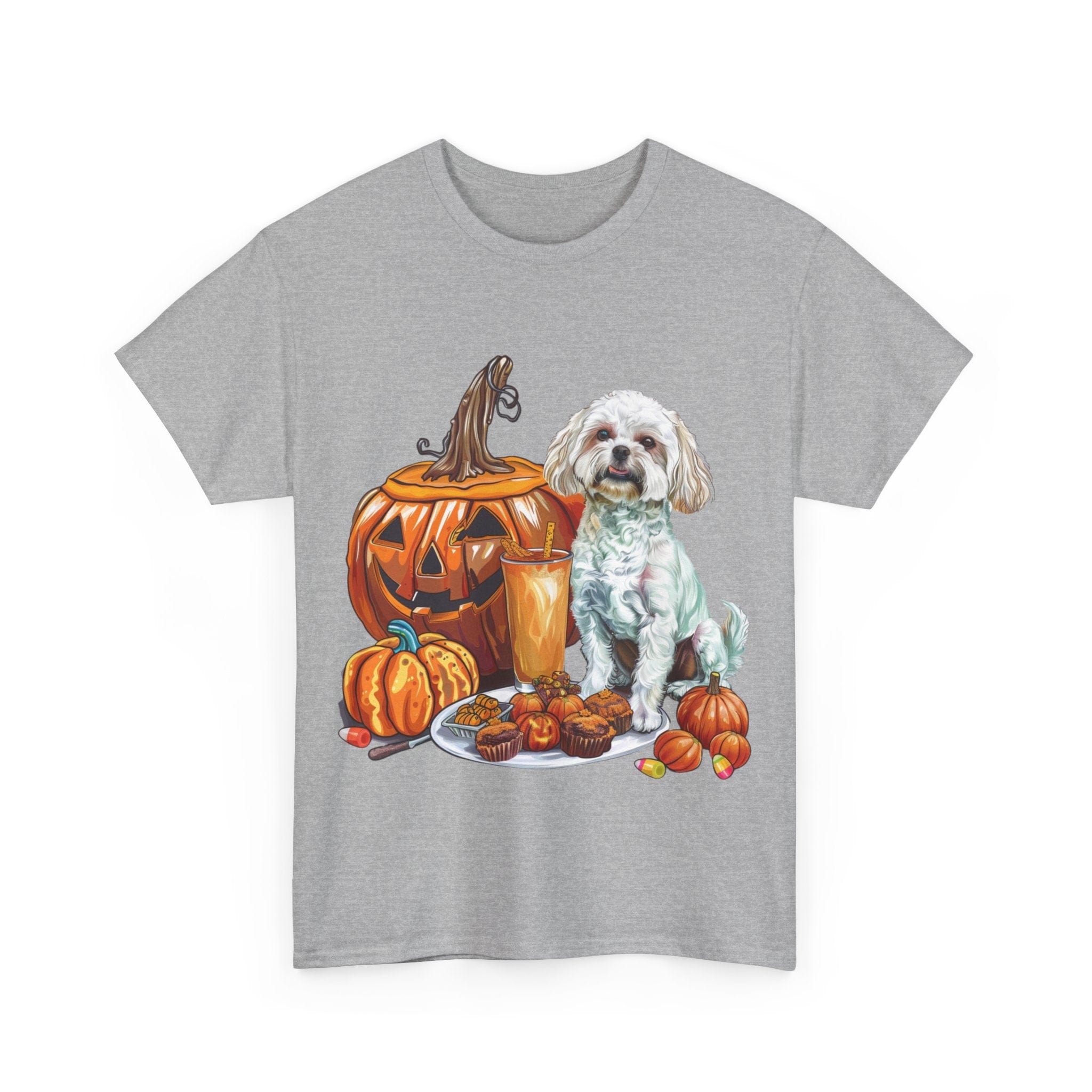 Printify T-Shirt Maltese Halloween Design with Jack-o'-Lanterns and Festive Pumpkin Treats – Perfect for Dog Lovers