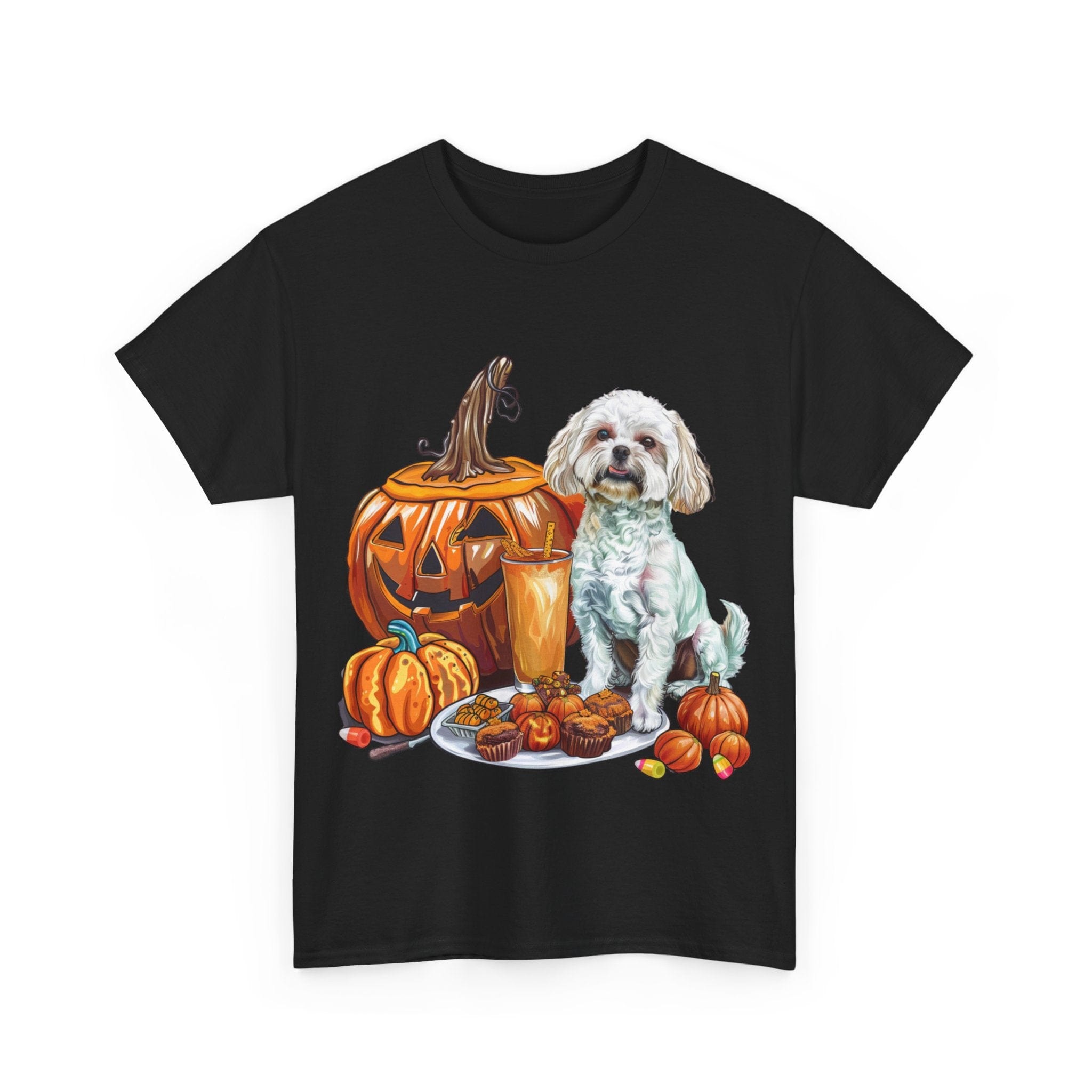 Printify T-Shirt Maltese Halloween Design with Jack-o'-Lanterns and Festive Pumpkin Treats – Perfect for Dog Lovers