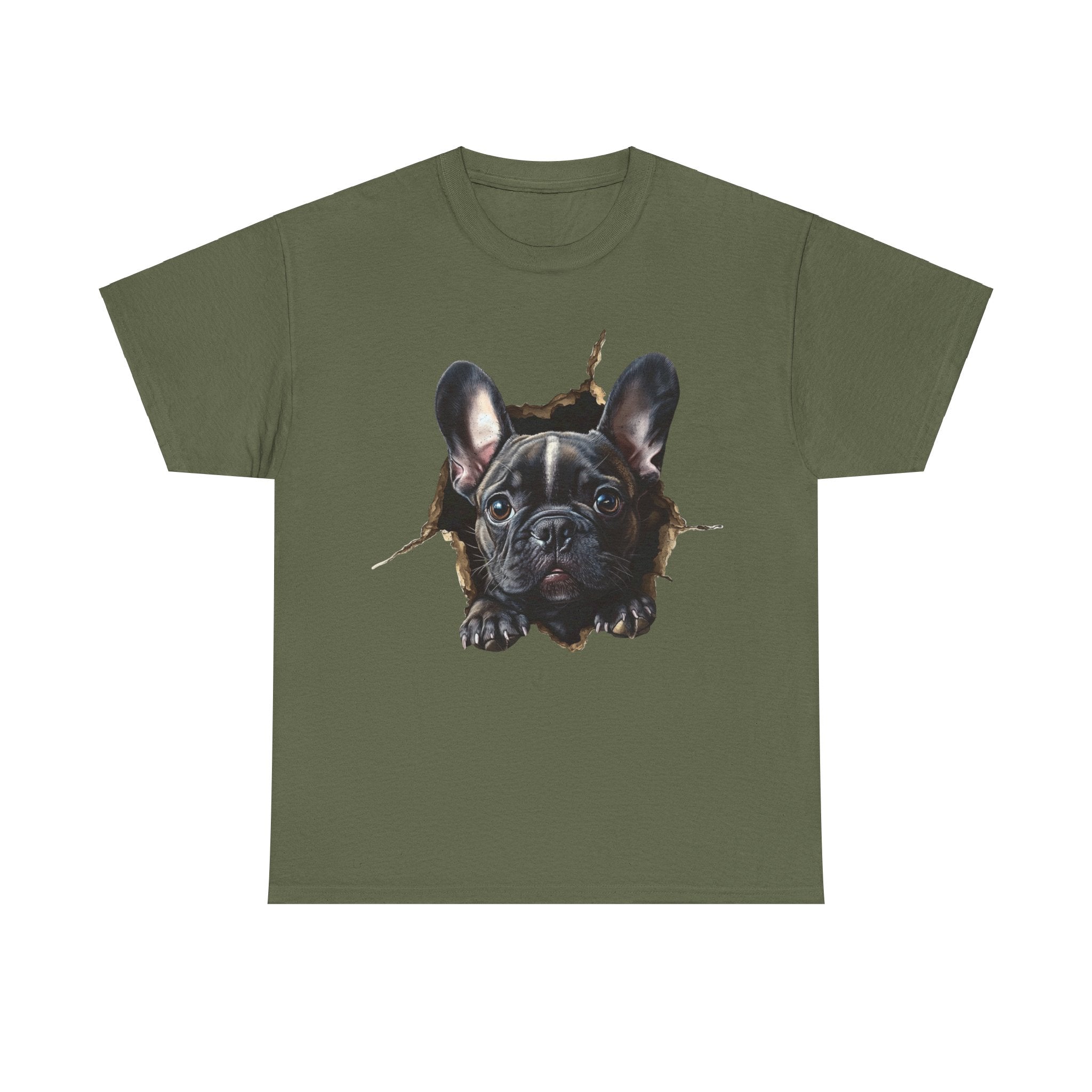 Printify T-Shirt Military Green / S Black French Bulldog Peeking Unisex Heavy Cotton Tee