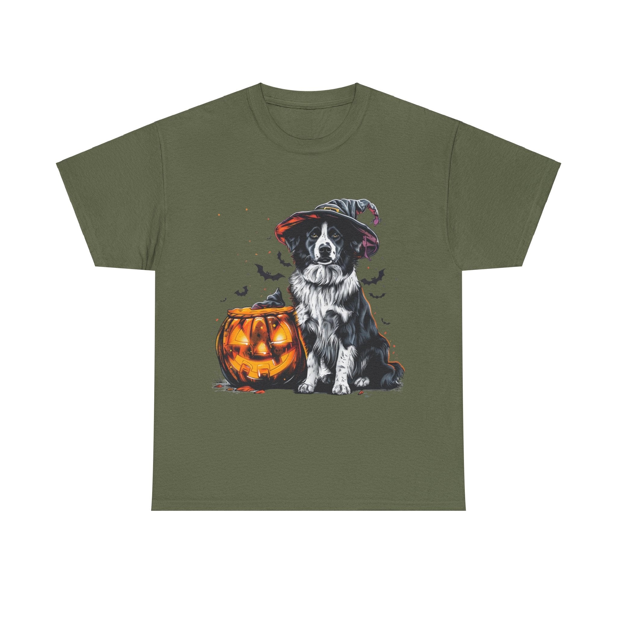 Printify T-Shirt Military Green / S Border Collie Halloween Witch Hat Tee – Unisex Cotton Shirt