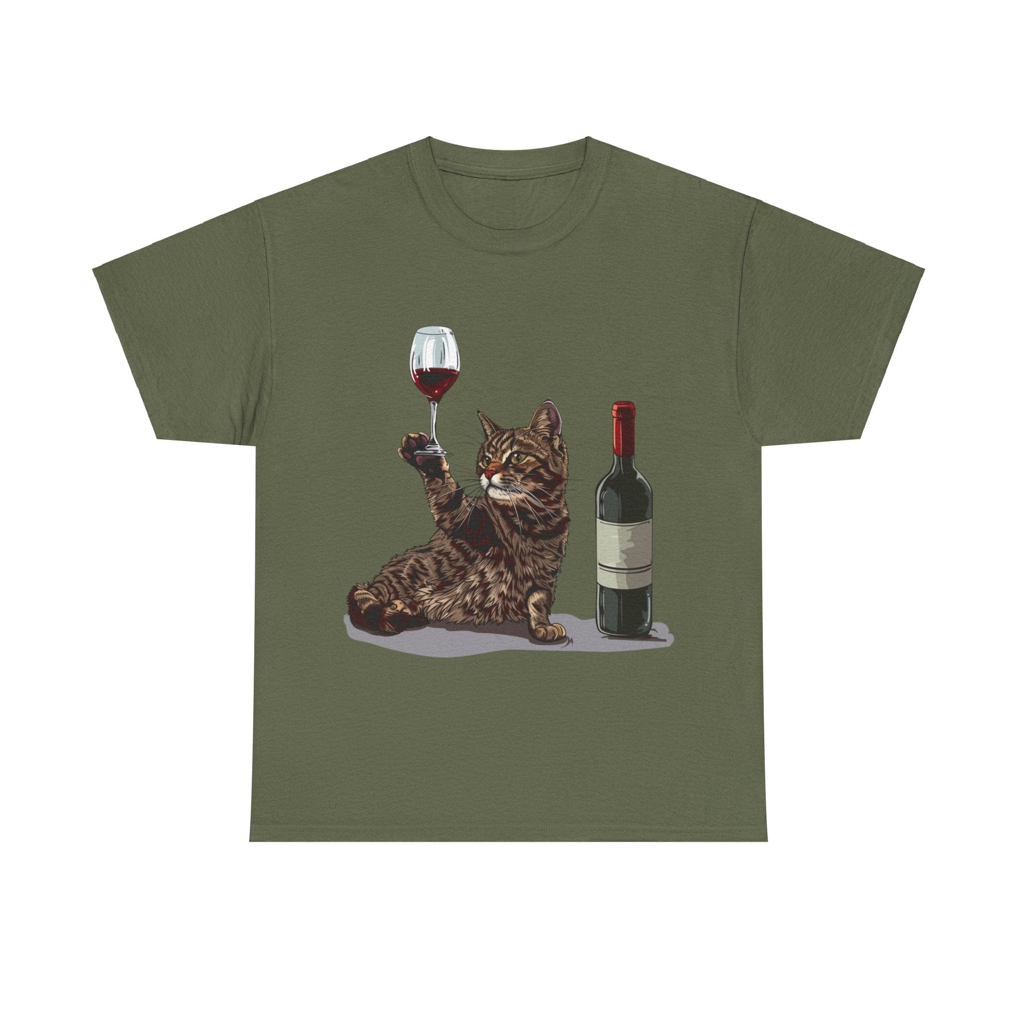 Printify T-Shirt Military Green / S Cat Wine Enthusiast Unisex Cotton Tee