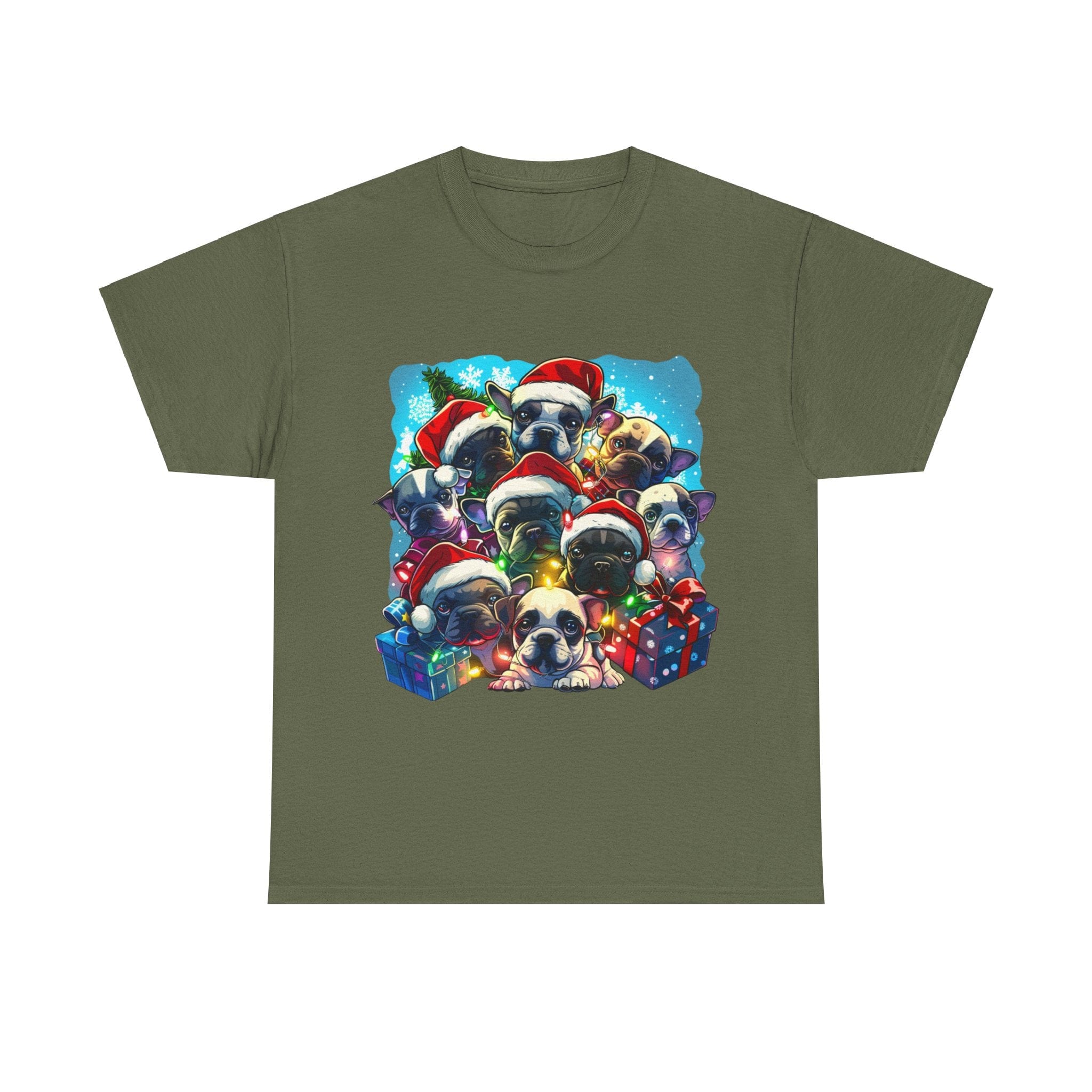 Printify T-Shirt Military Green / S Christmas French Bulldog Pack Unisex Heavy Cotton Tee