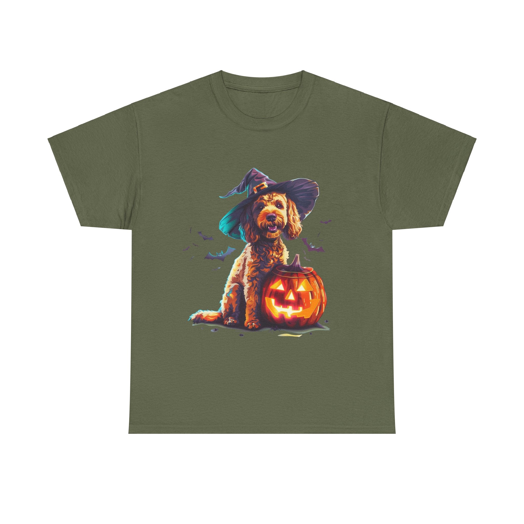 Printify T-Shirt Military Green / S Cockapoo in Witch Hat Halloween Tee – Unisex Cotton Shirt