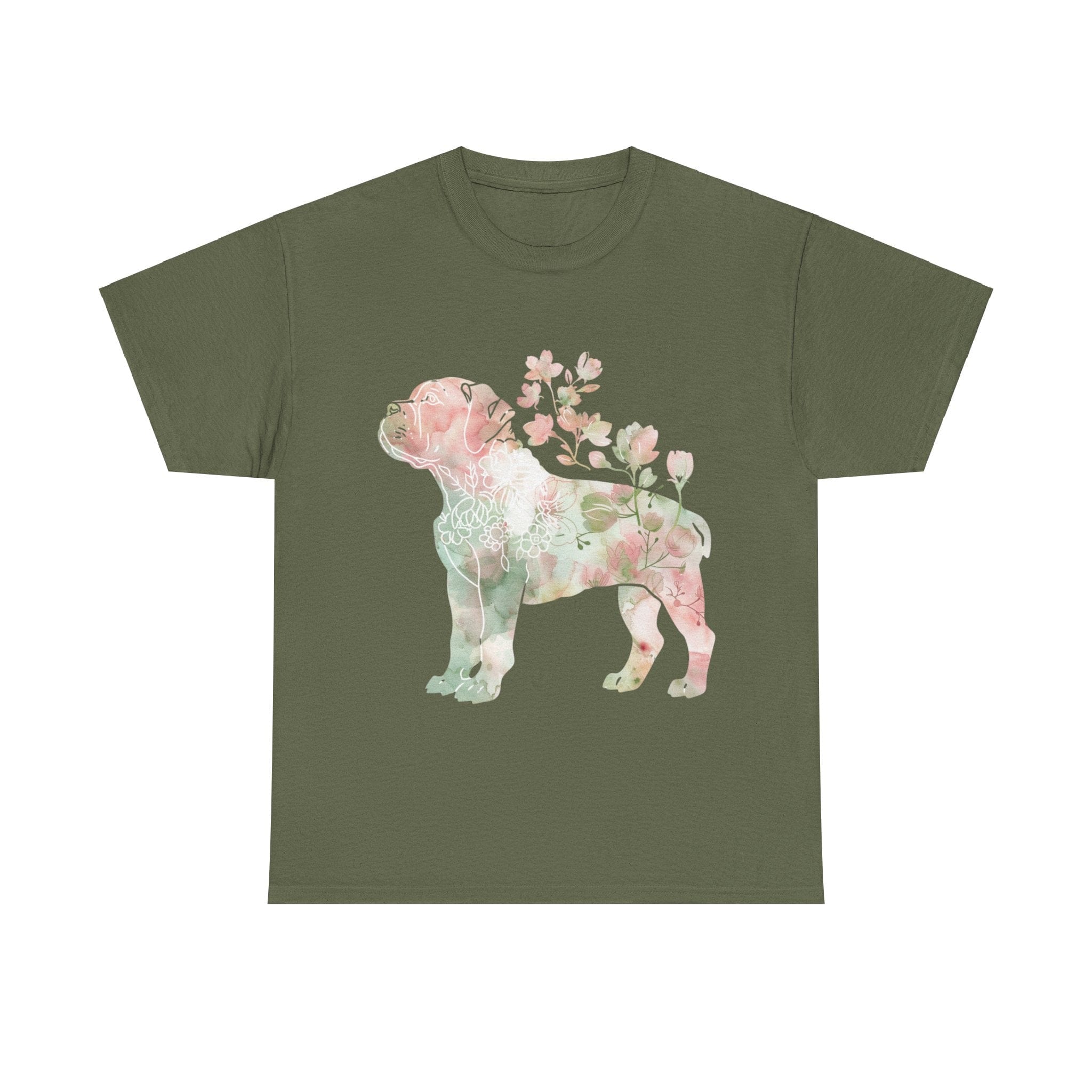 Printify T-Shirt Military Green / S Floral Boxer Puppy Unisex Heavy Cotton Tee