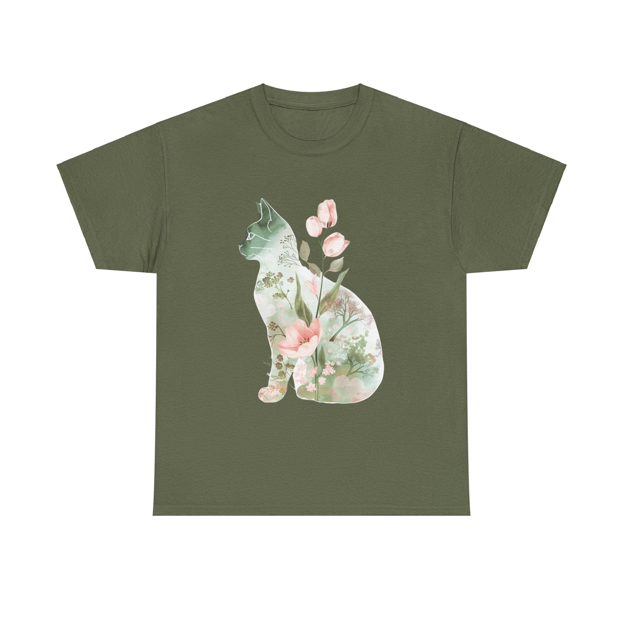 Printify T-Shirt Military Green / S Floral Cat Unisex Heavy Cotton Tee