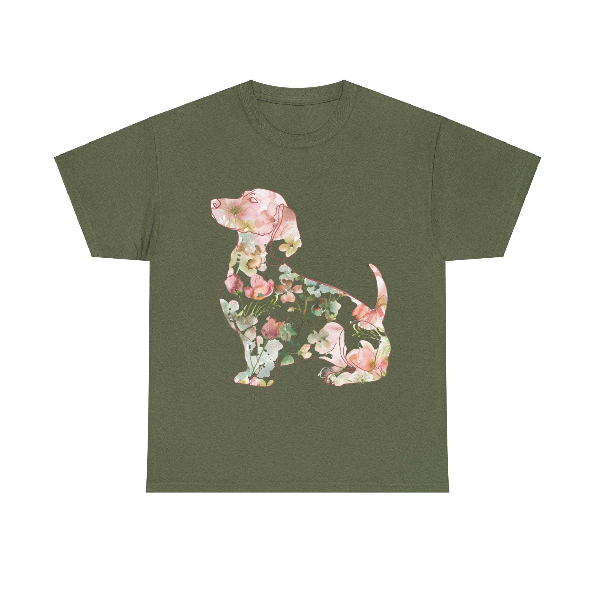 Printify T-Shirt Military Green / S Floral Dachshund Unisex Heavy Cotton Tee