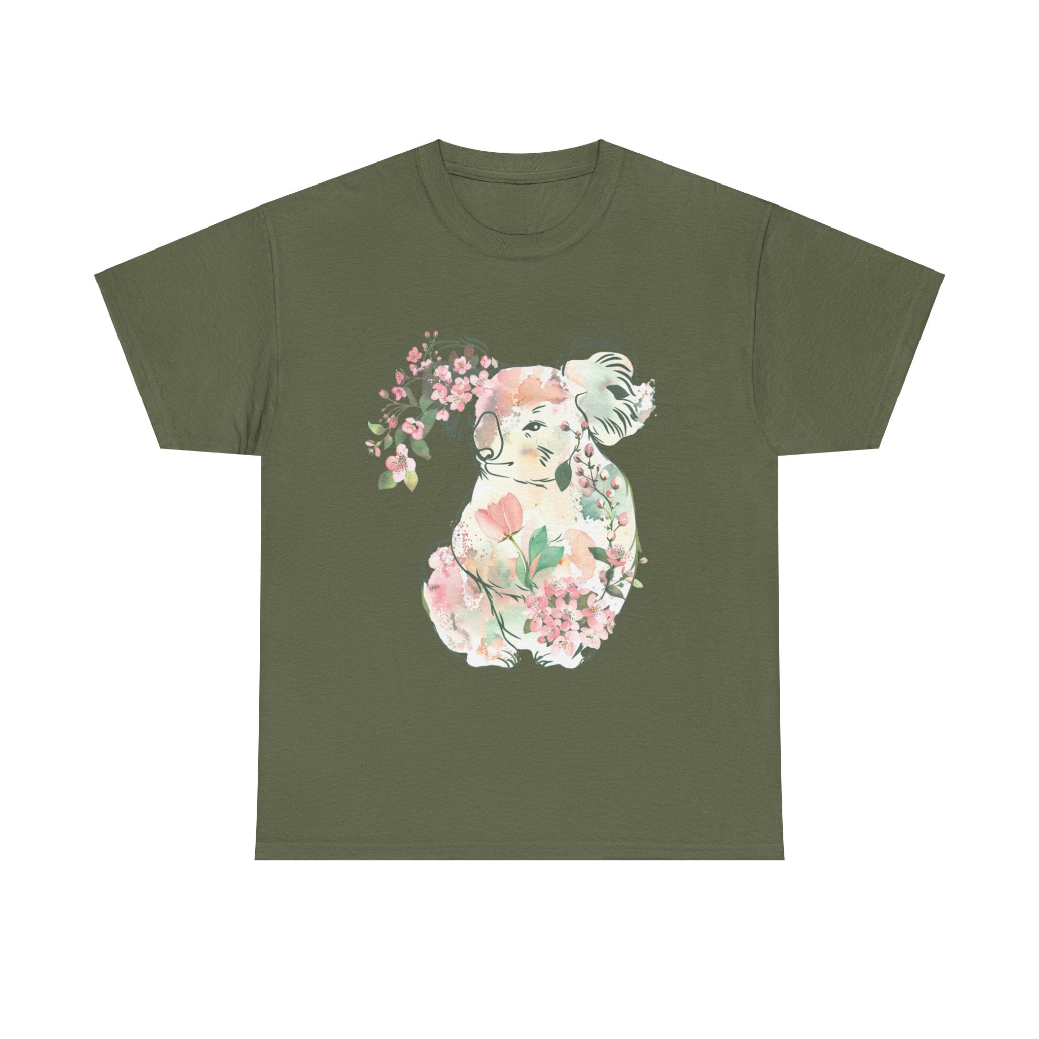 Printify T-Shirt Military Green / S Floral Koala Unisex Heavy Cotton Tee