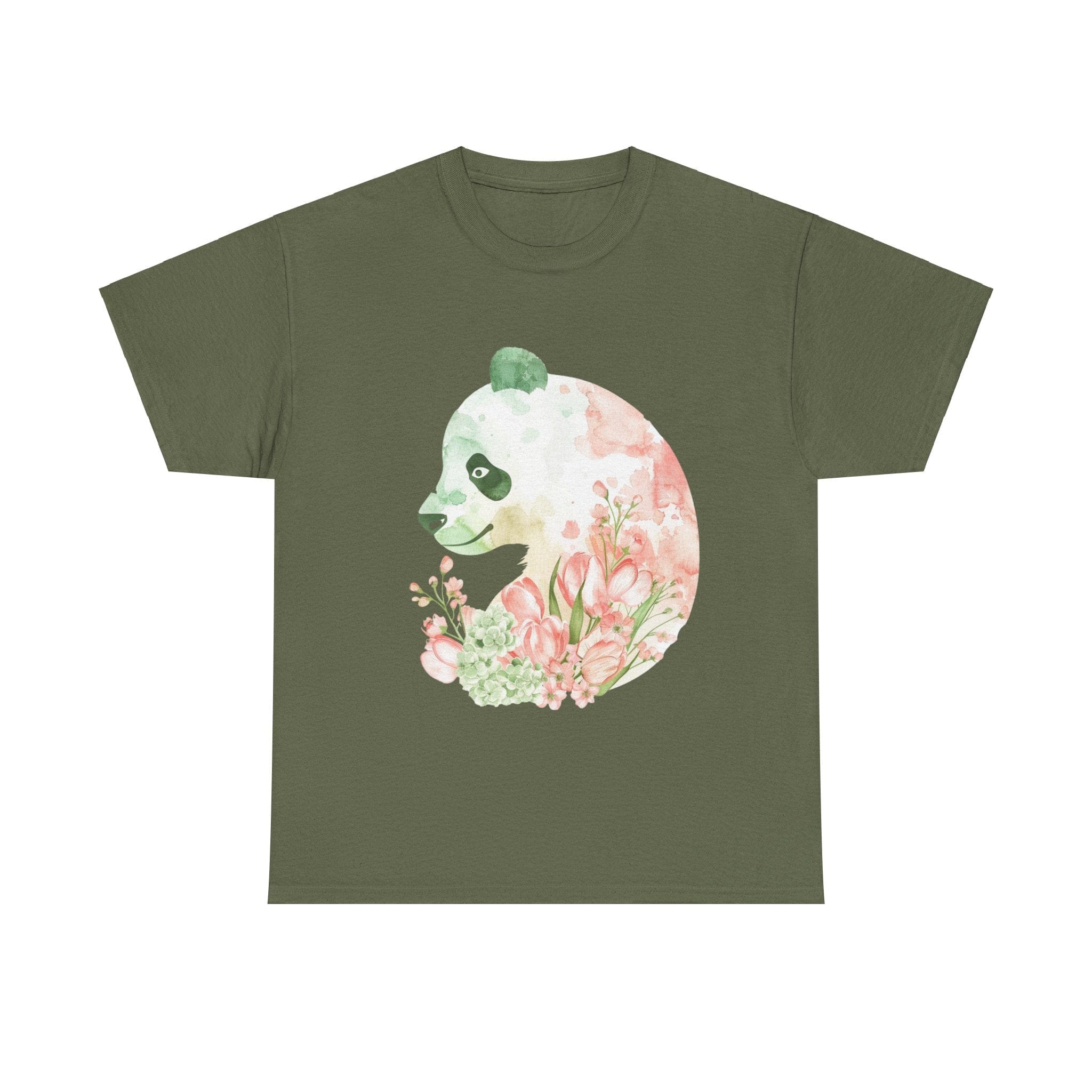 Printify T-Shirt Military Green / S Floral Panda Silhouette Unisex Heavy Cotton Tee