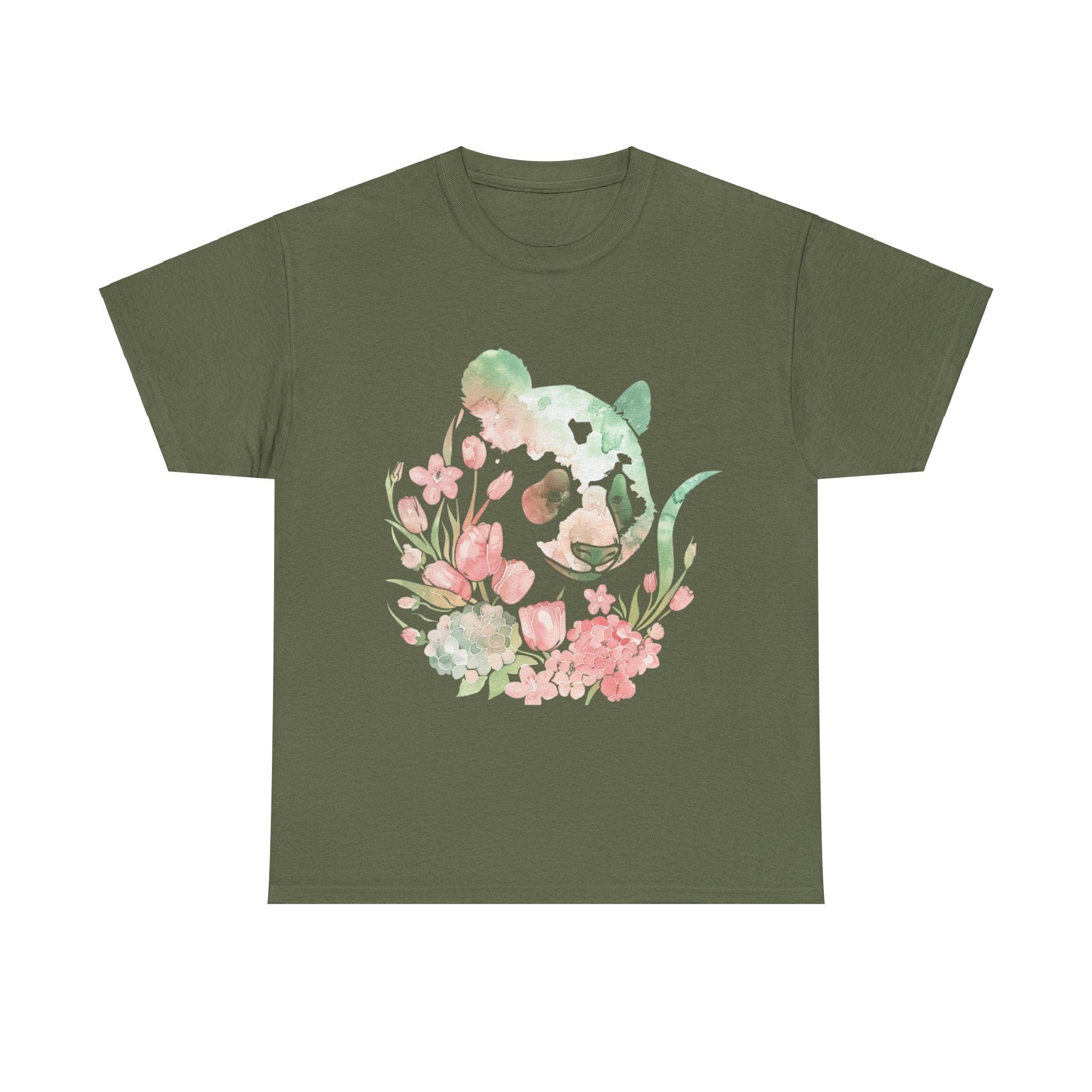 Printify T-Shirt Military Green / S Floral Panda Unisex Heavy Cotton Tee