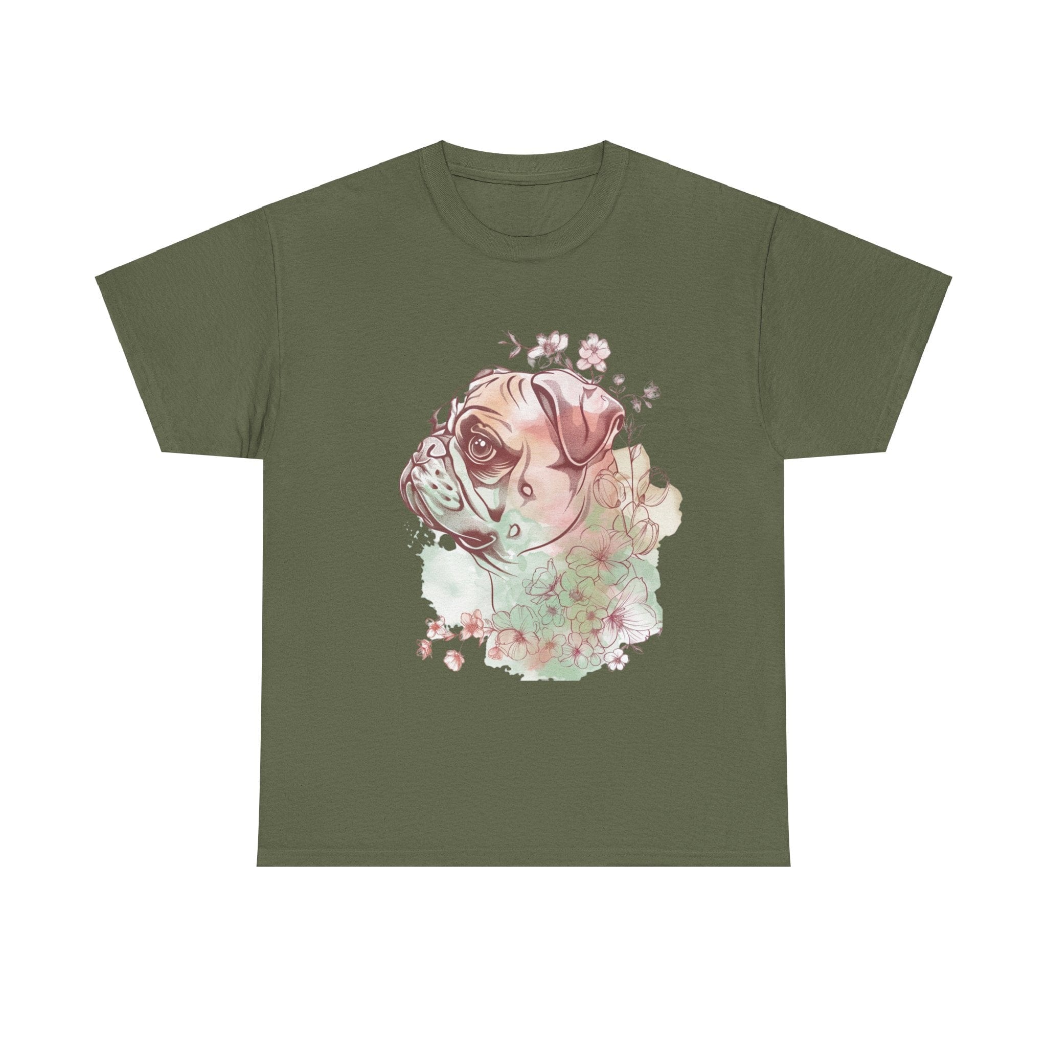 Printify T-Shirt Military Green / S Floral Pug Silhouette Unisex Heavy Cotton Tee