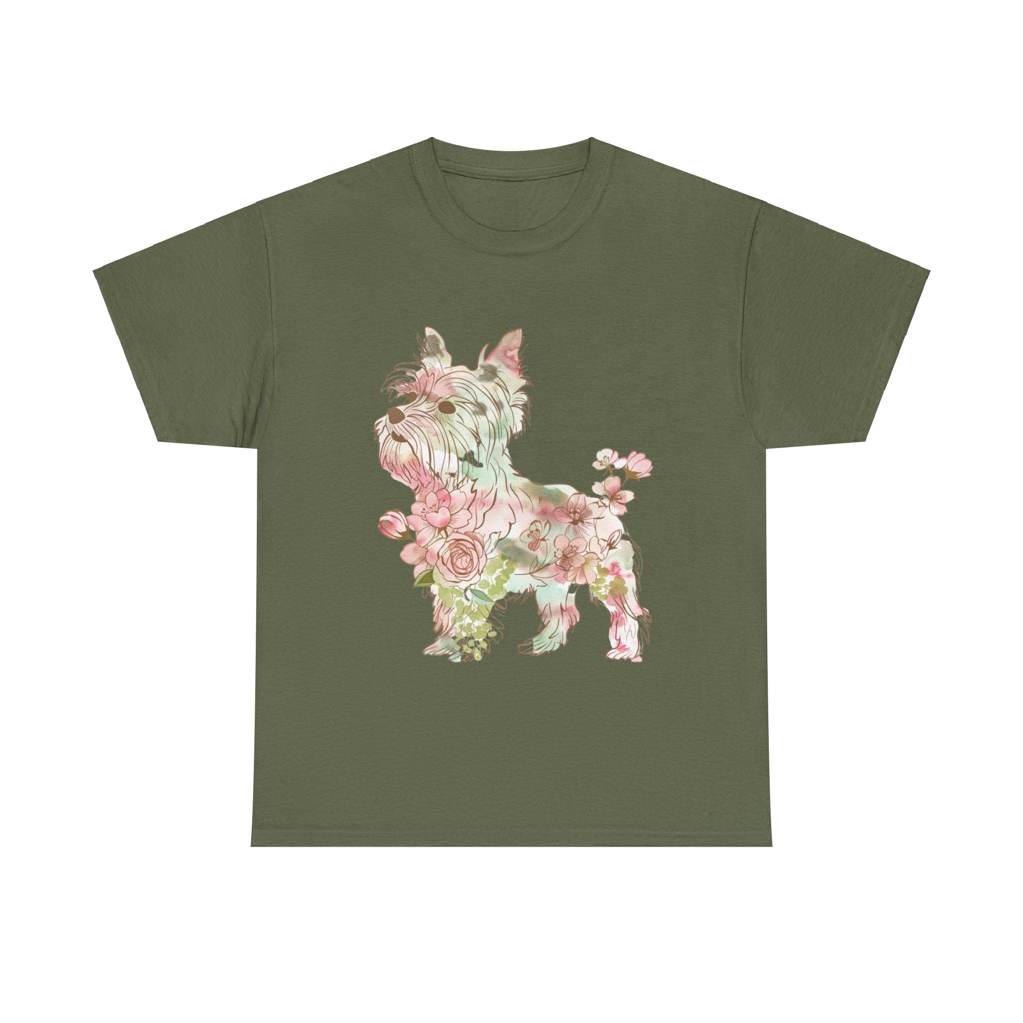 Printify T-Shirt Military Green / S Floral Yorkshire Terrier Unisex Cotton Tee