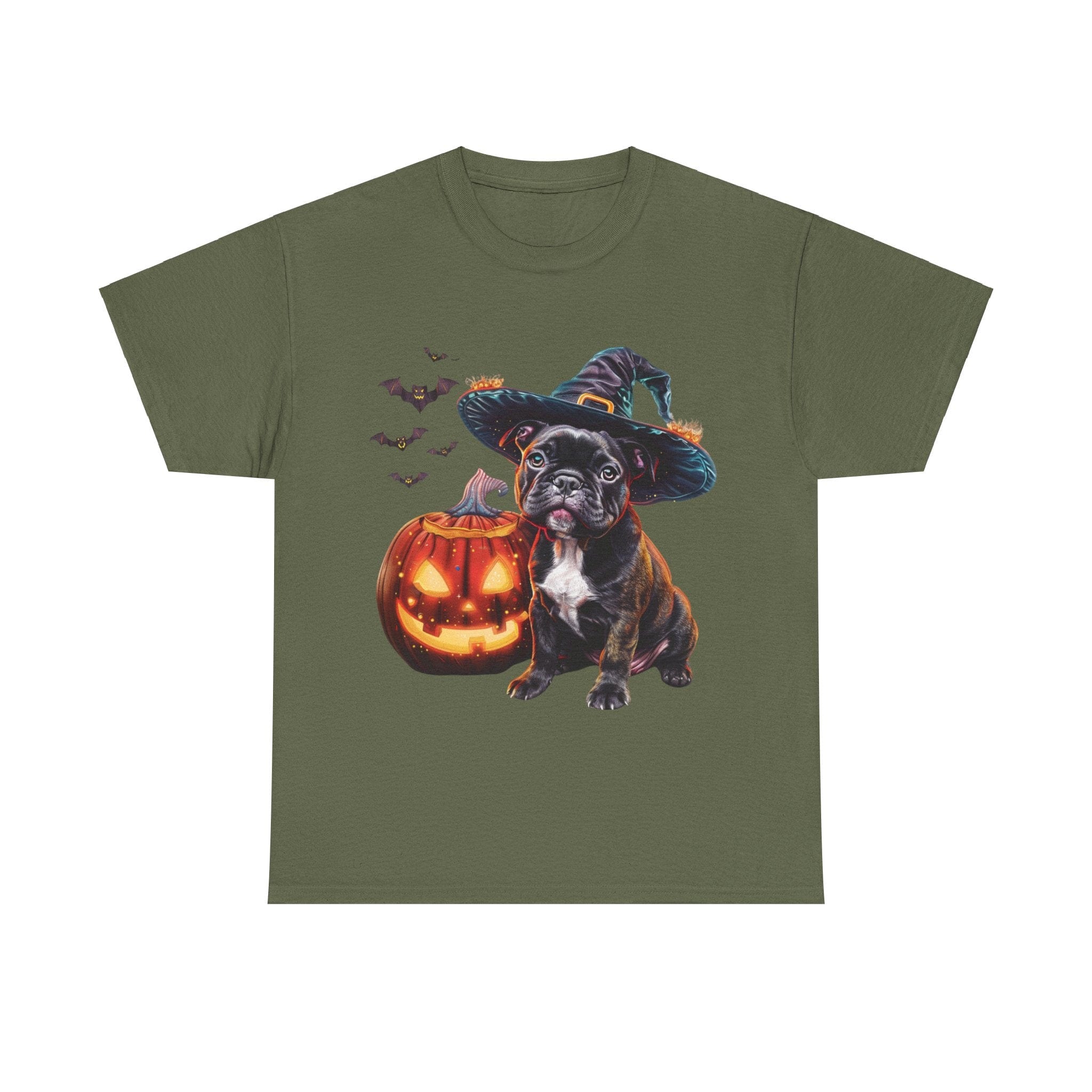 Printify T-Shirt Military Green / S French Bulldog Halloween Witch Hat and Pumpkin Unisex Cotton Tee