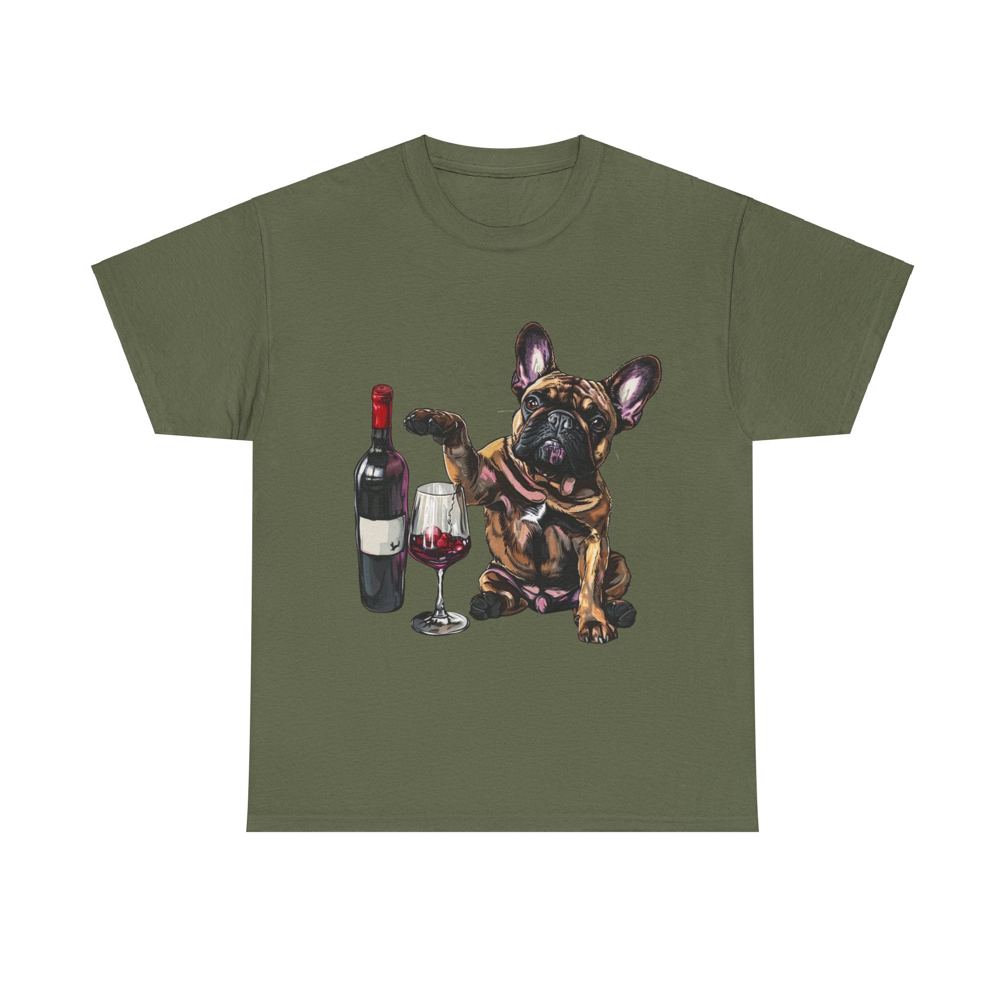 Printify T-Shirt Military Green / S French Bulldog Wine Lover Unisex Cotton Tee