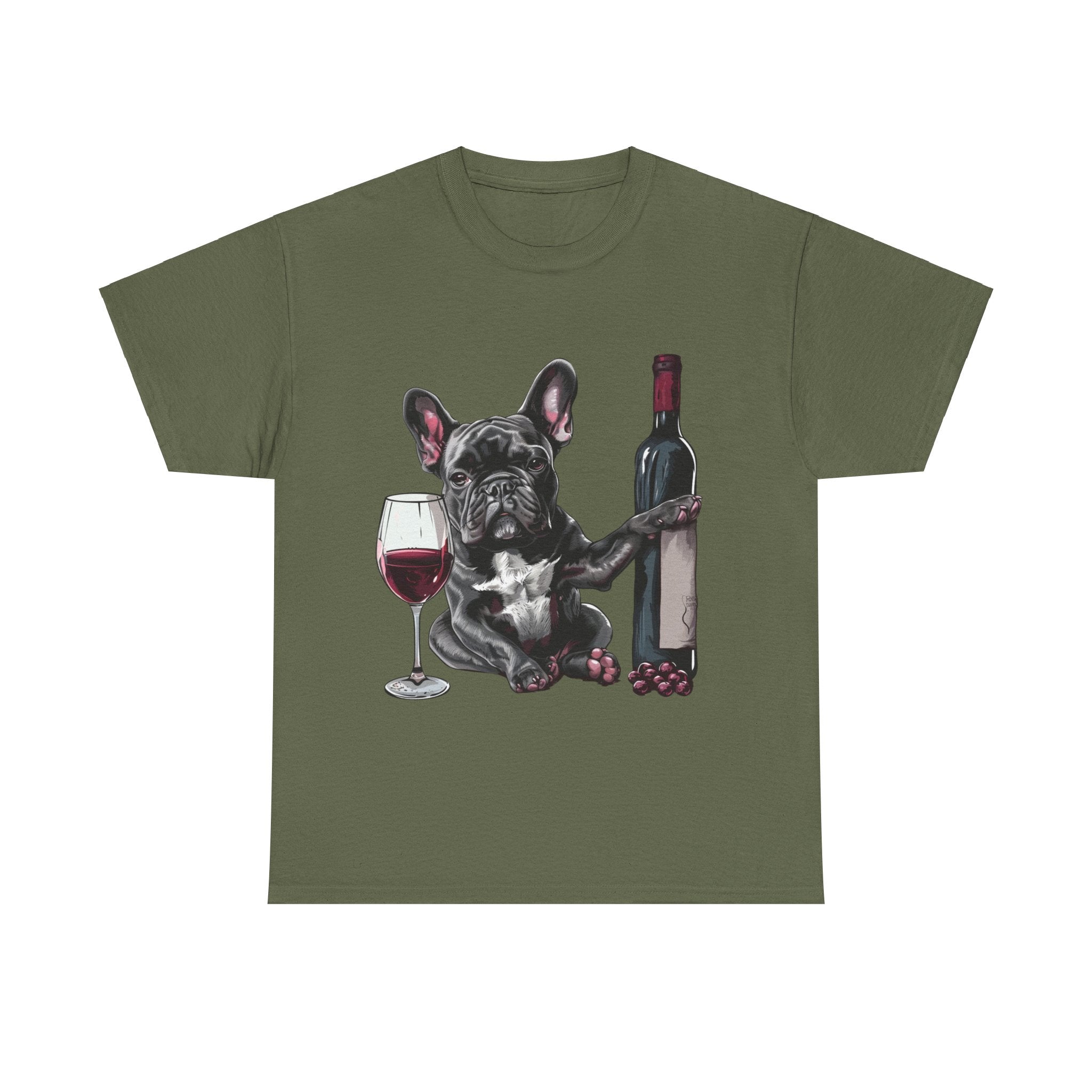 Printify T-Shirt Military Green / S French Bulldog with Wine and Raspberries – Unisex Graphic Tee