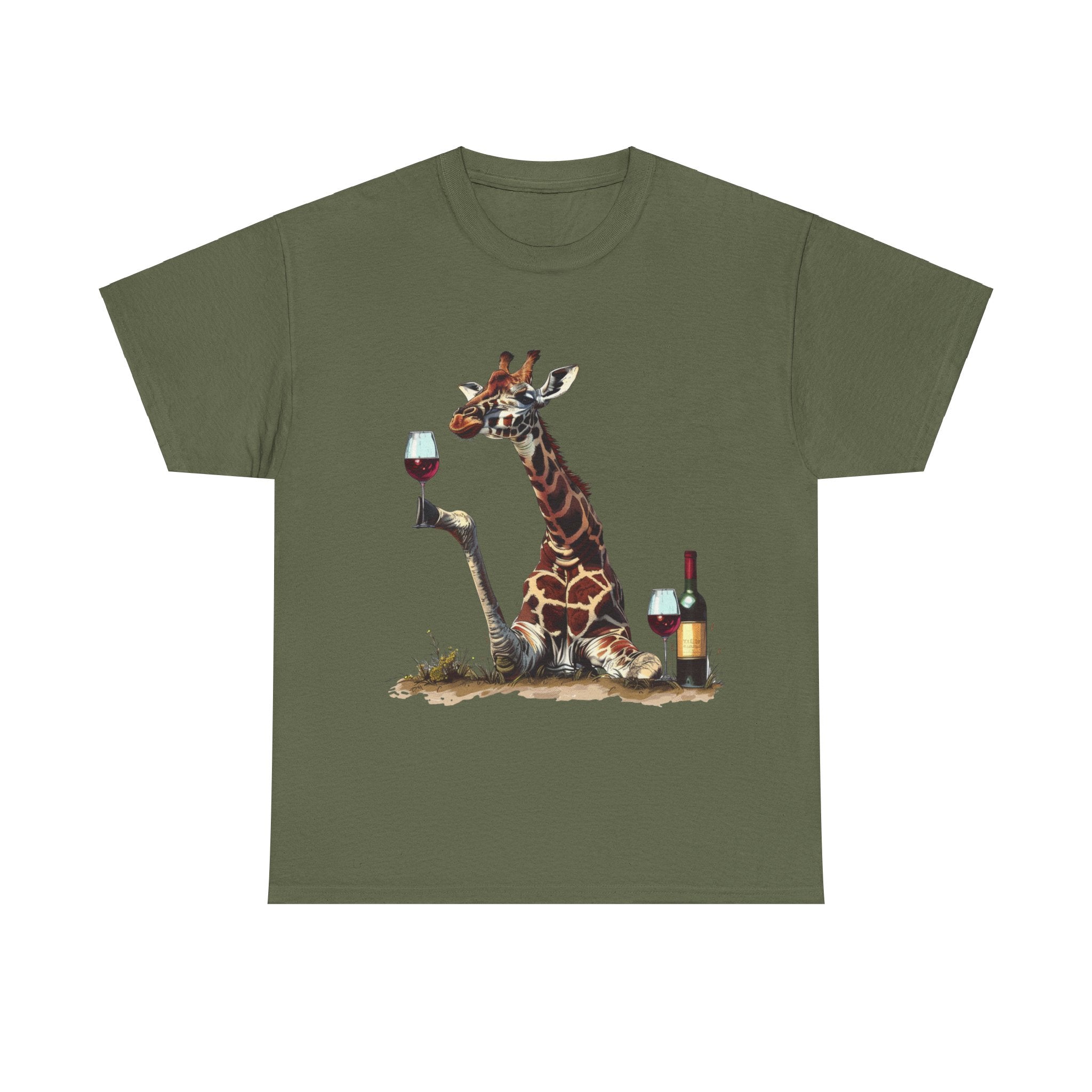 Printify T-Shirt Military Green / S Giraffe Wine Connoisseur Unisex Cotton Tee