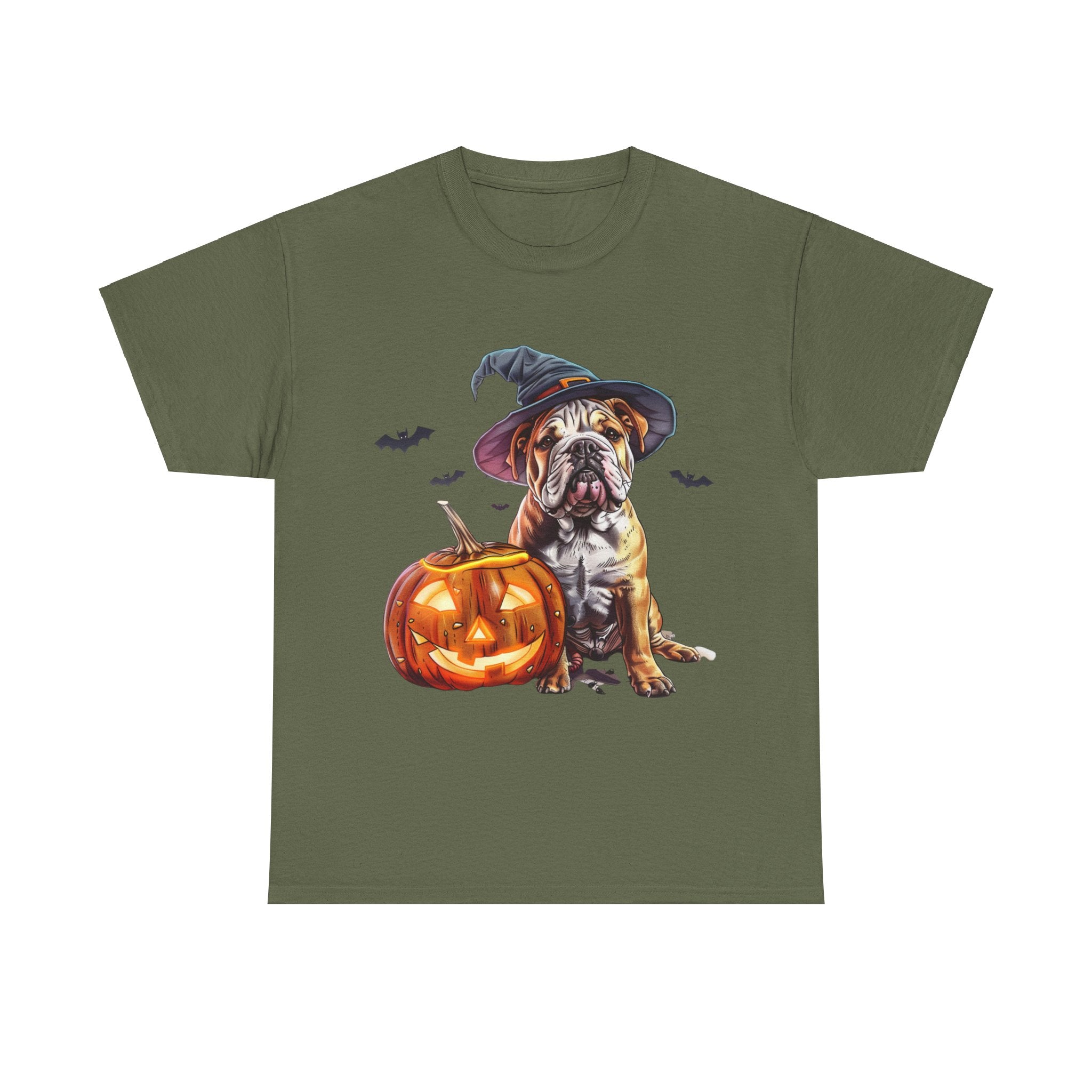 Printify T-Shirt Military Green / S Halloween Bulldog Witch Hat & Pumpkin Glow Unisex Cotton Tee