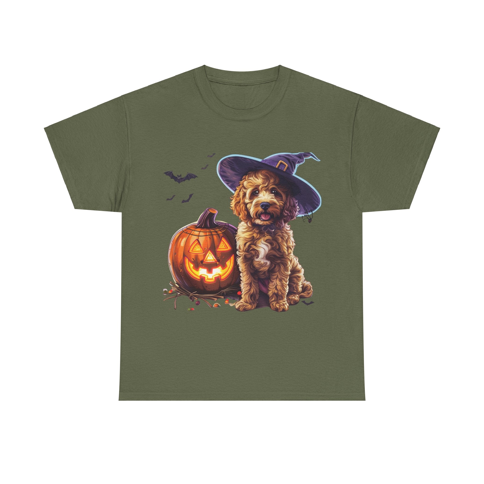 Printify T-Shirt Military Green / S Halloween Cockapoo Witch Hat & Glowing Pumpkin Unisex Cotton Tee