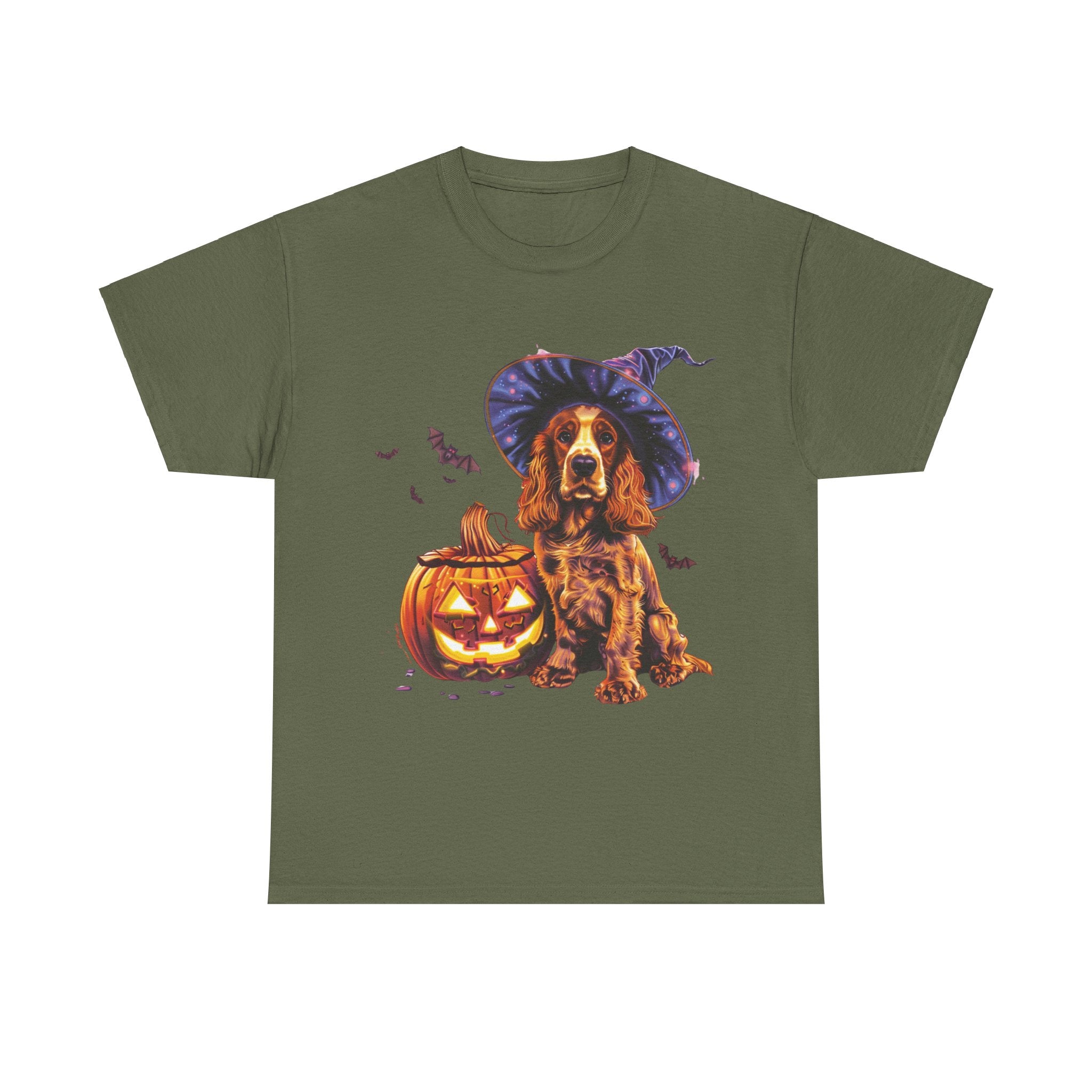 Printify T-Shirt Military Green / S Halloween Cocker Spaniel Witch Hat and Pumpkin Unisex Cotton Tee