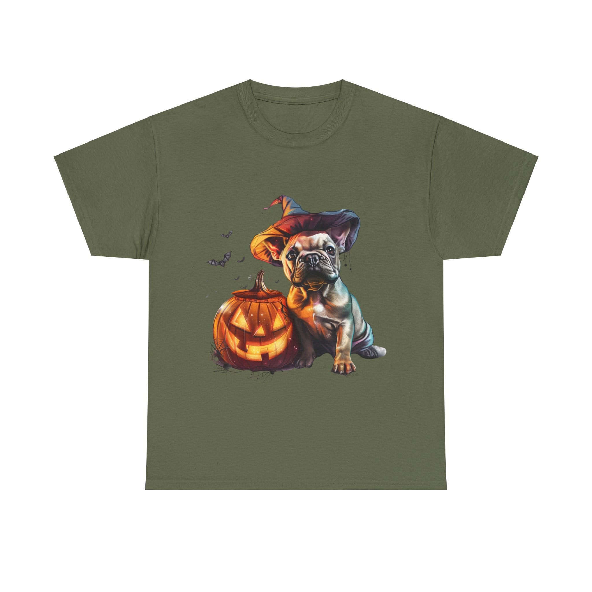 Printify T-Shirt Military Green / S Halloween French Bulldog with Pumpkin and Witch Hat Unisex Cotton Tee