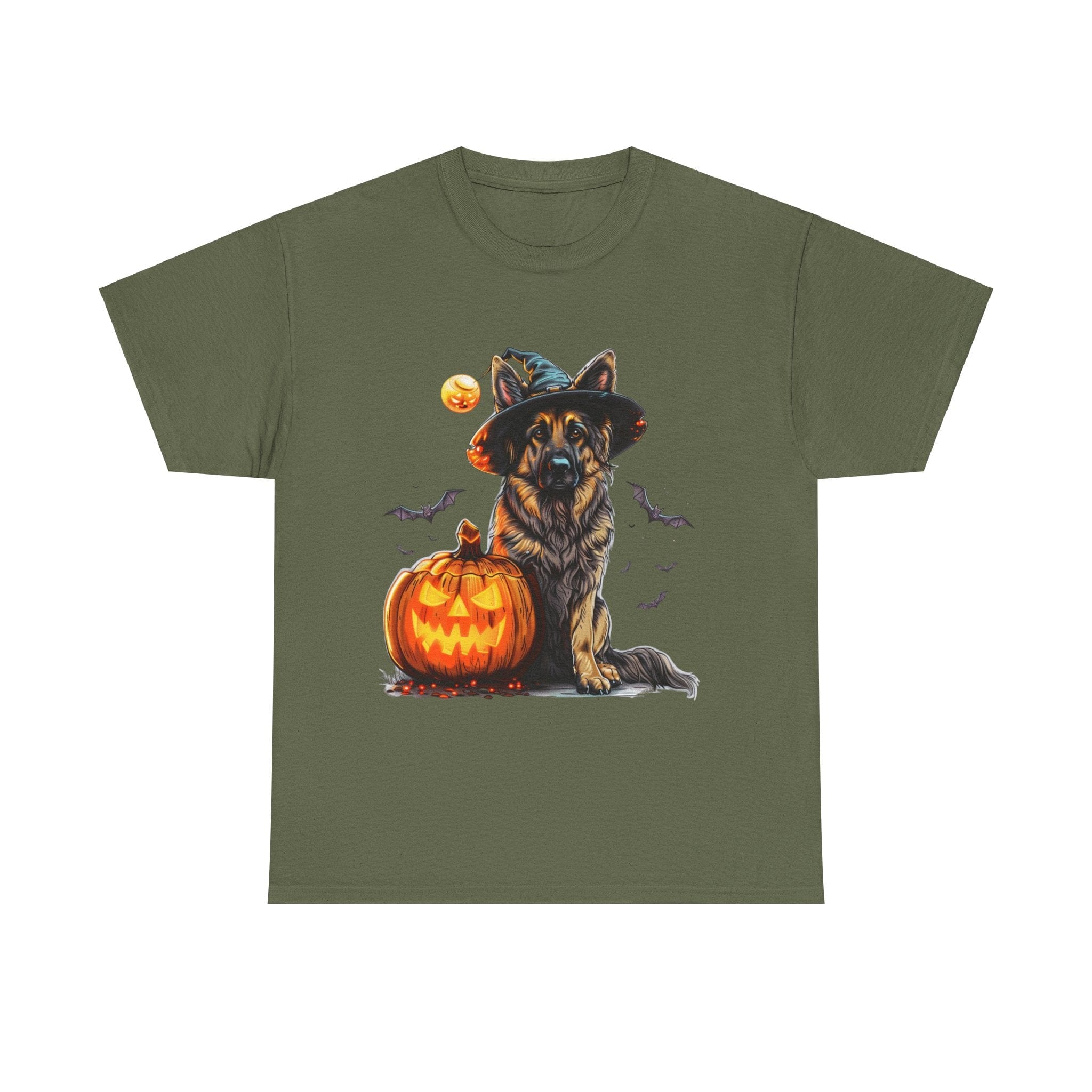 Printify T-Shirt Military Green / S Halloween German Shepherd with Witch Hat and Pumpkin Unisex Cotton Tee