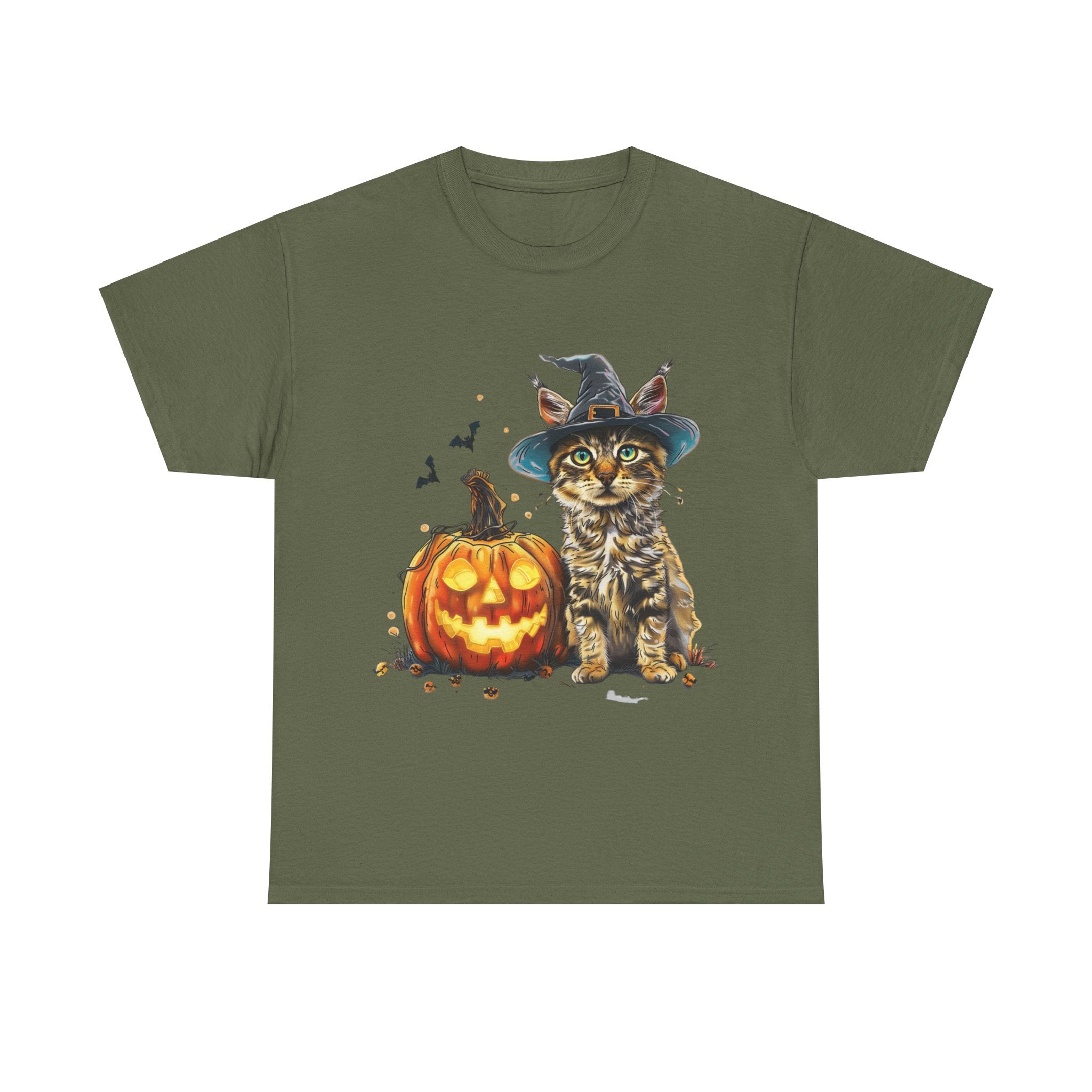 Printify T-Shirt Military Green / S Halloween Golden Retriever in Witch Hat Tee – Unisex Cotton Shirt