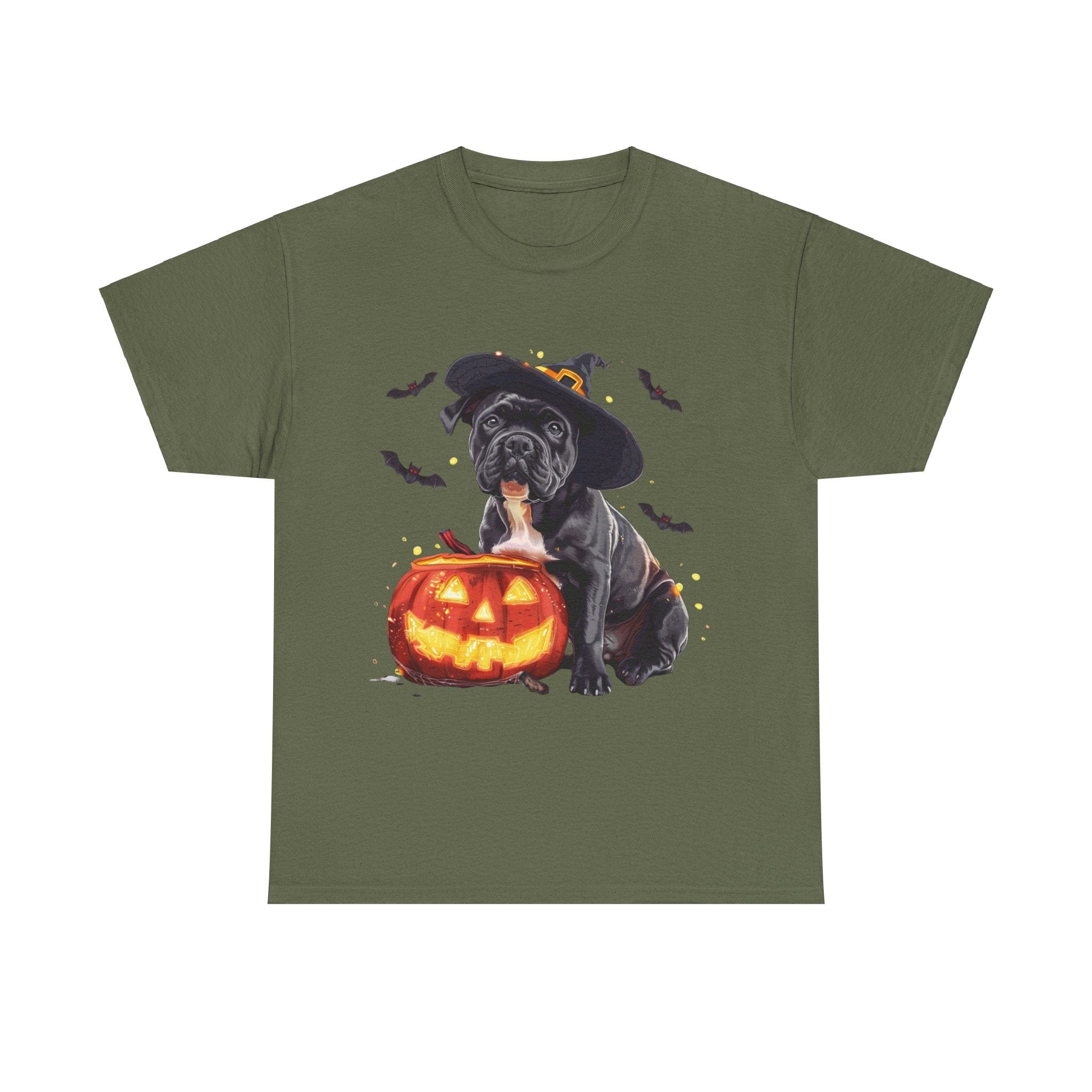 Printify T-Shirt Military Green / S Halloween Staffordshire Bull Terrier in Witch Hat Tee – Unisex Cotton Shirt