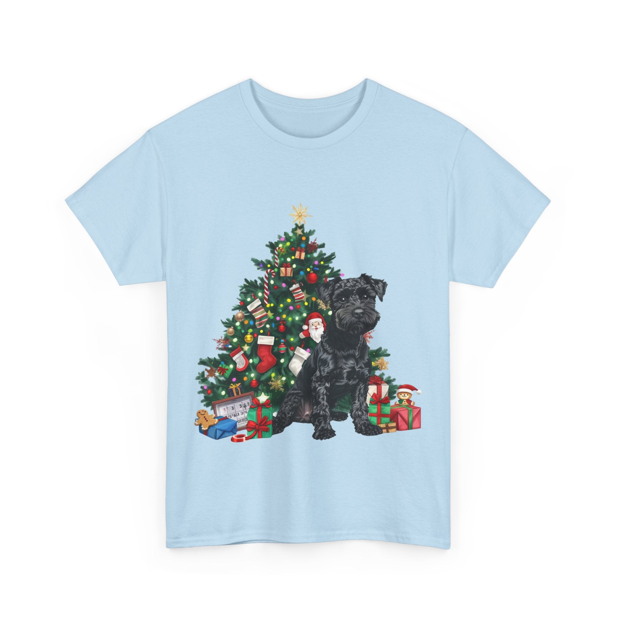 Printify T-Shirt Miniature Schnauzer with Christmas Tree and Gifts – Festive Holiday Dog Art