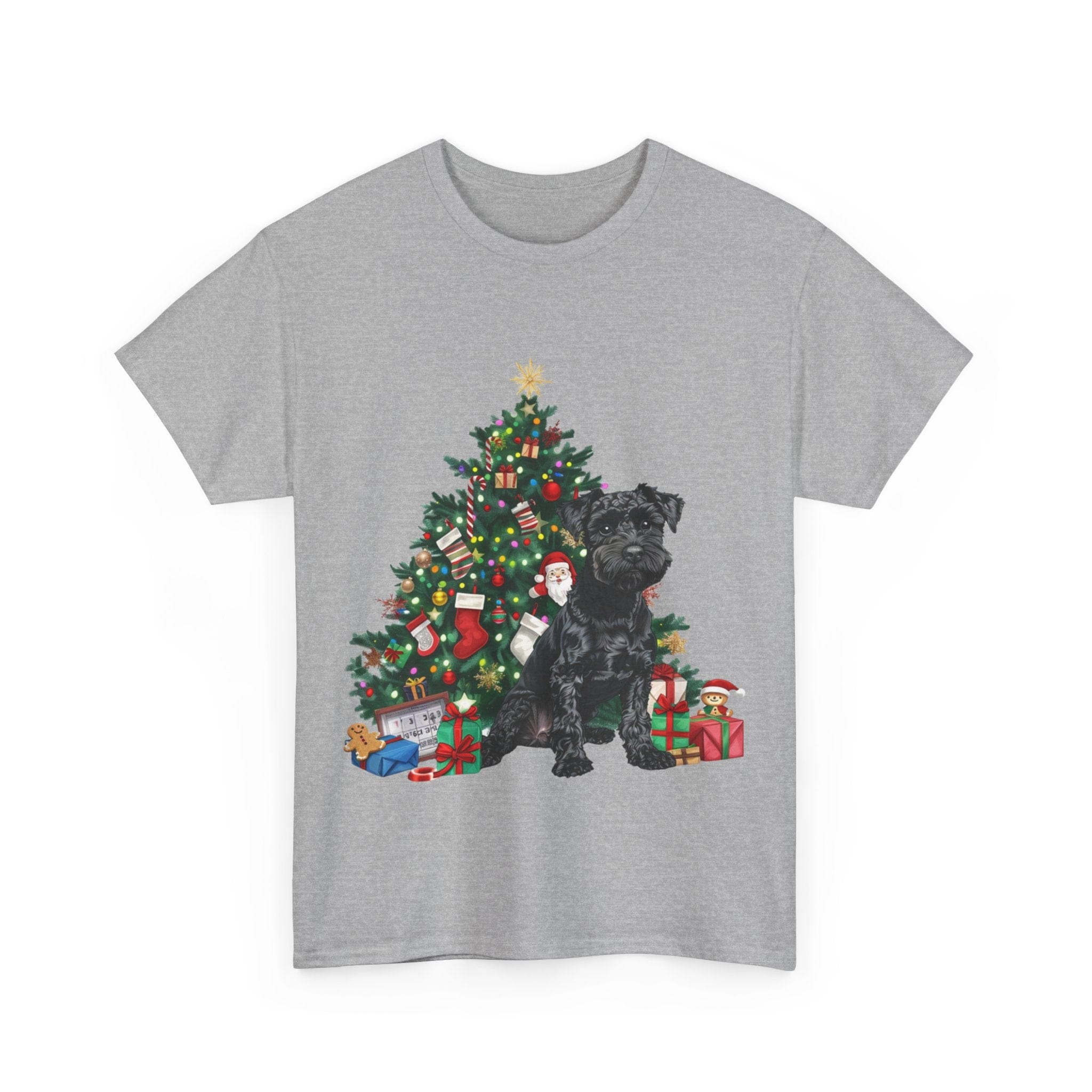 Printify T-Shirt Miniature Schnauzer with Christmas Tree and Gifts – Festive Holiday Dog Art