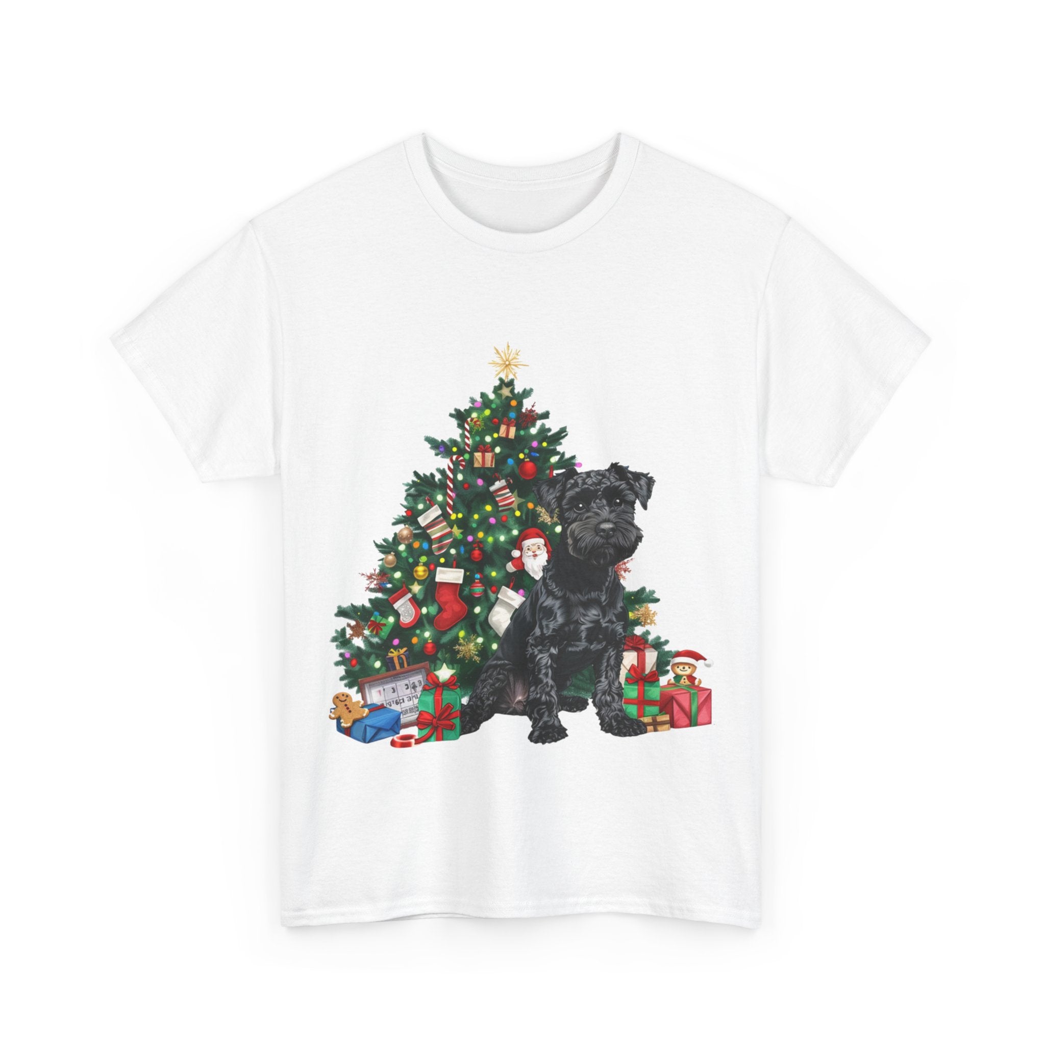 Printify T-Shirt Miniature Schnauzer with Christmas Tree and Gifts – Festive Holiday Dog Art