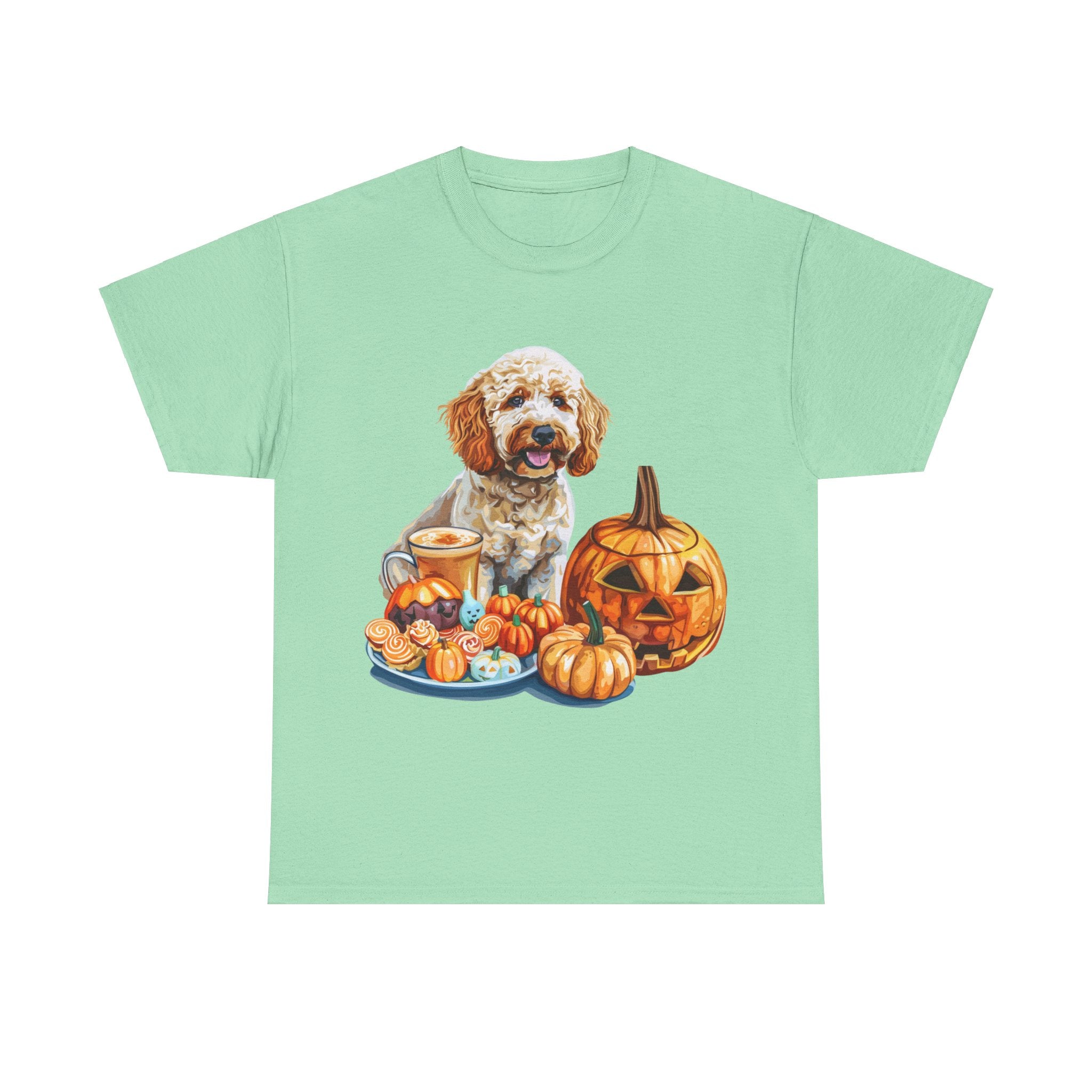 Printify T-Shirt Mint Green / S Adorable Cockapoo Halloween Design with Pumpkins and Festive Treats - Perfect for Dog Lovers