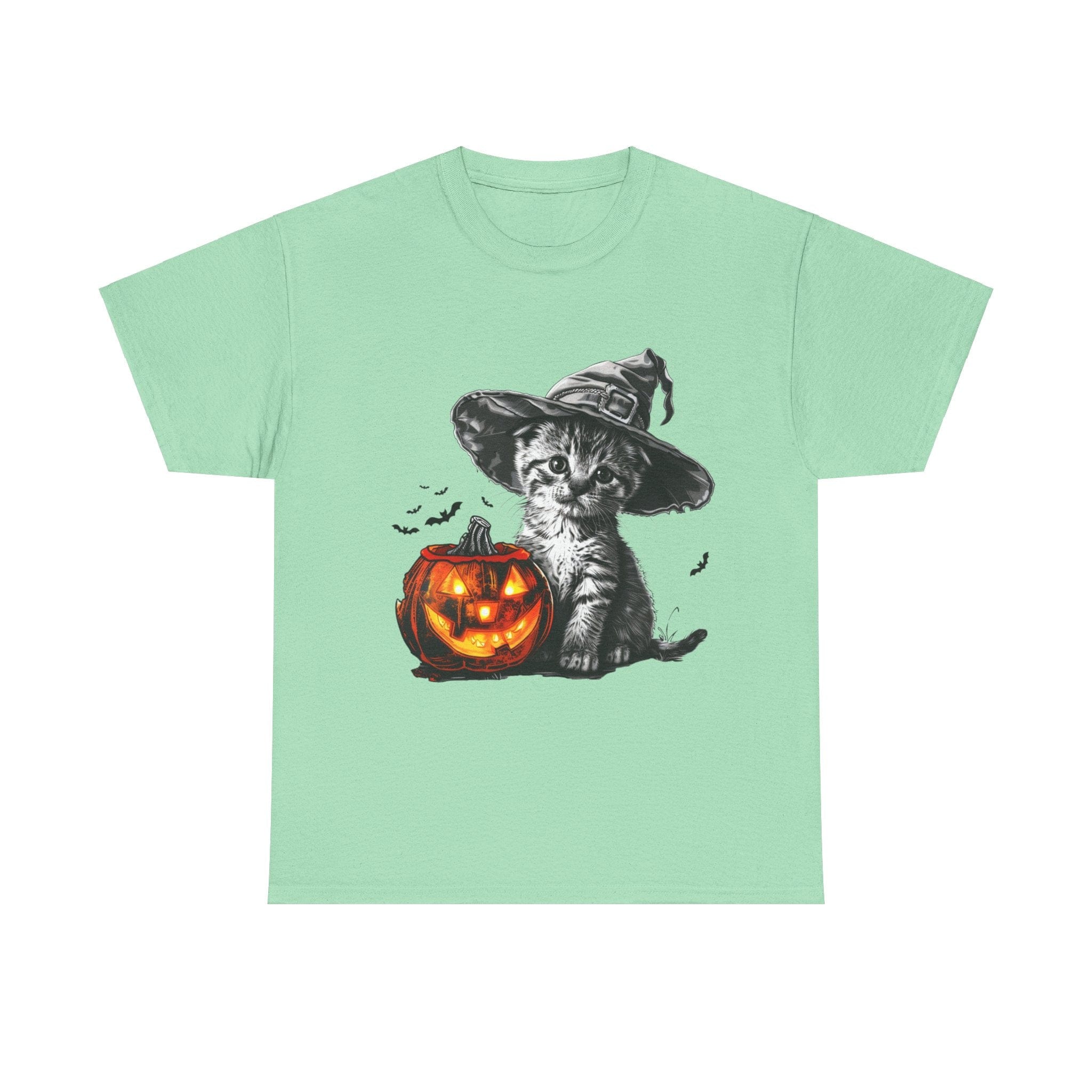 Printify T-Shirt Mint Green / S Adorable Kitten Witch Halloween Shirt – Spooky Pumpkin Design