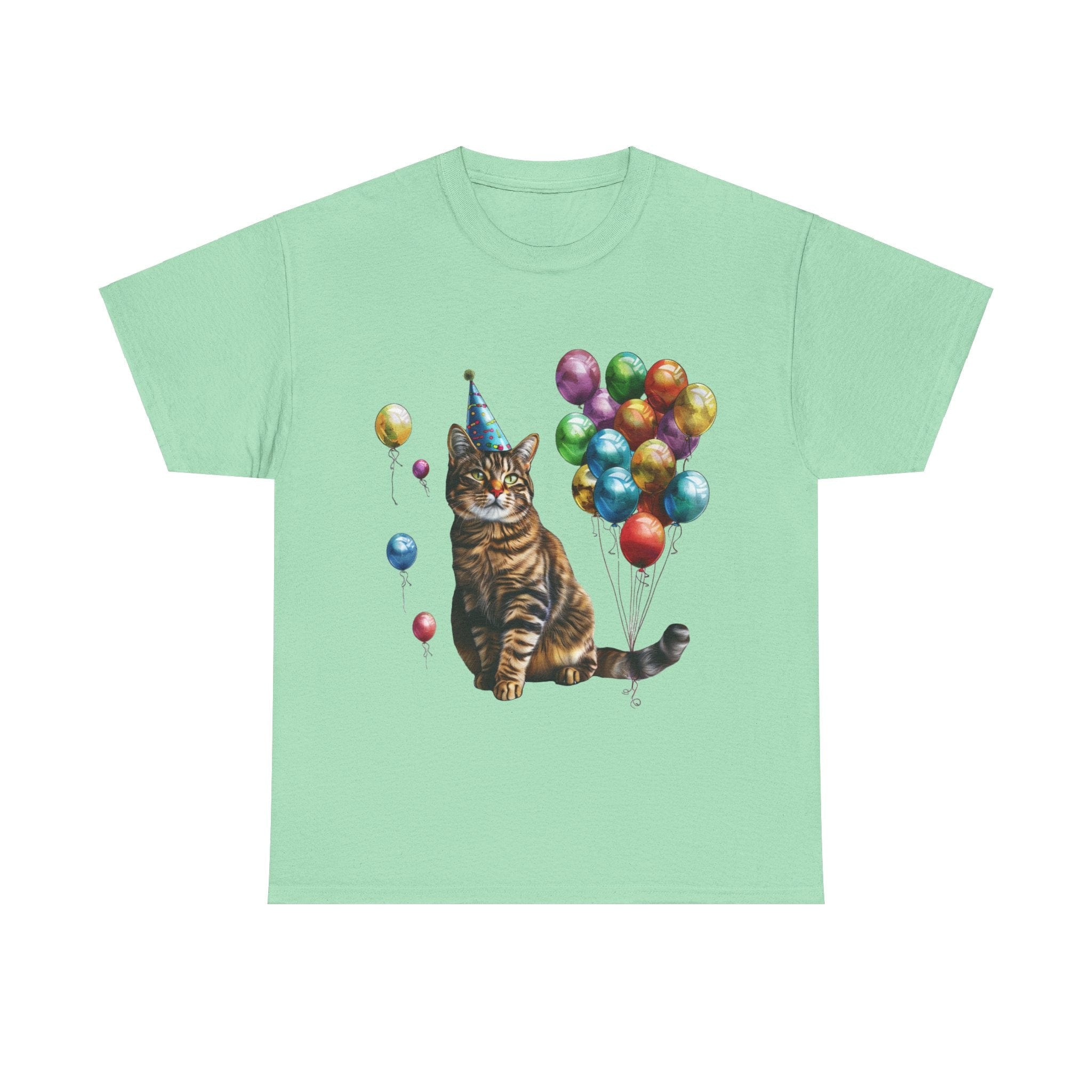 Printify T-Shirt Mint Green / S Birthday Cat with Balloons – Celebrate in Feline Style!