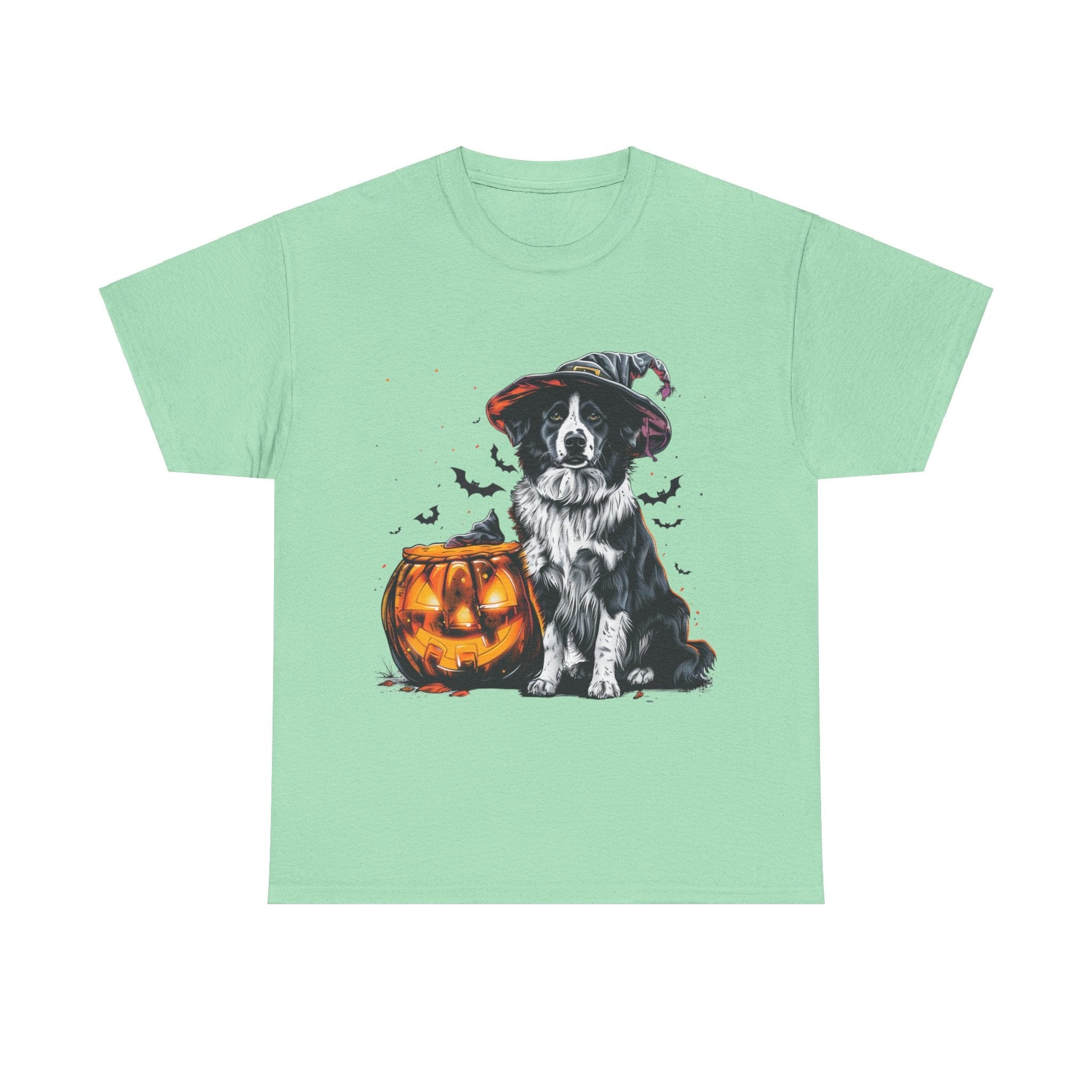 Printify T-Shirt Mint Green / S Border Collie Halloween Witch Hat Tee – Unisex Cotton Shirt