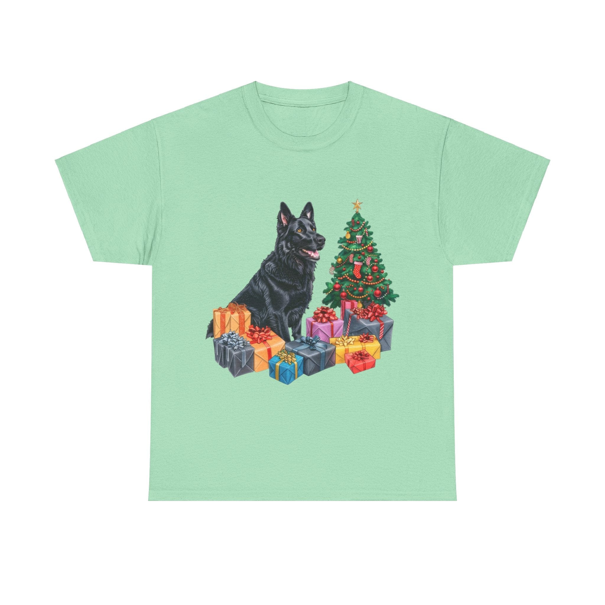 Printify T-Shirt Mint Green / S Christmas Black Shepherd Dog with Gifts and Tree – A Festive and Loyal Companion