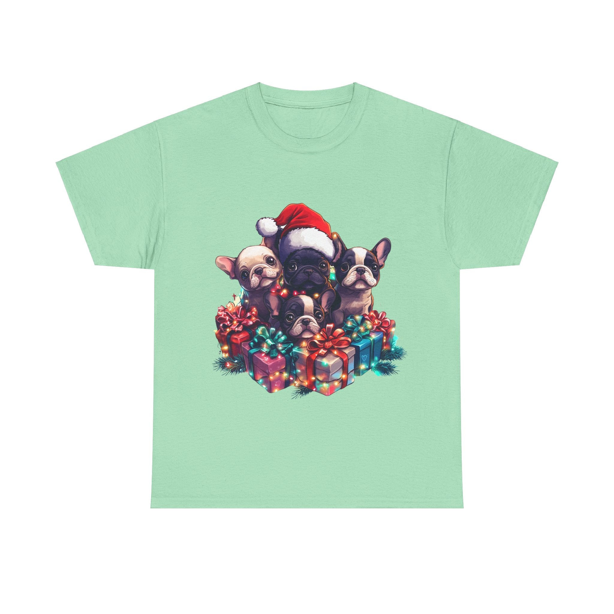 Printify T-Shirt Mint Green / S Christmas French Bulldog Gift Box Unisex Heavy Cotton Tee