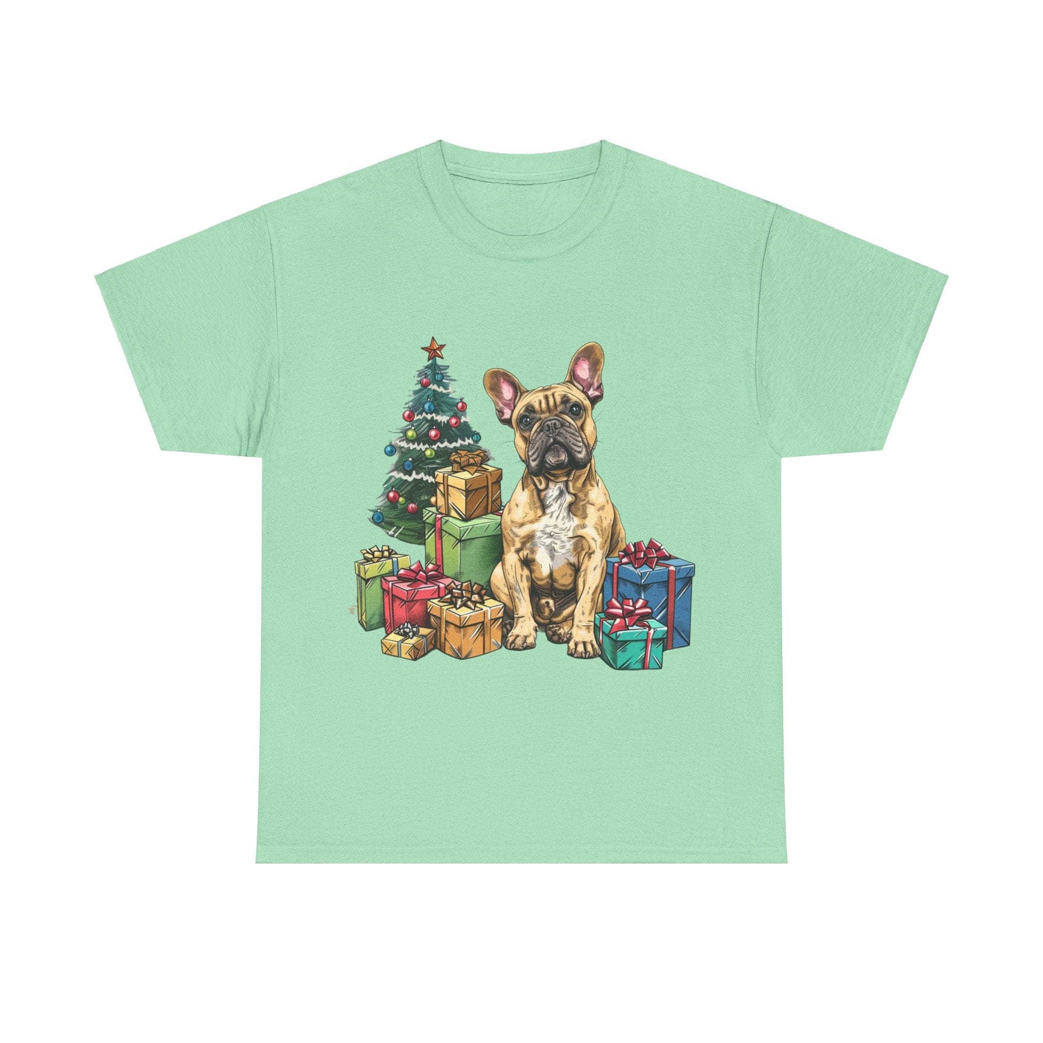 Printify T-Shirt Mint Green / S Christmas French Bulldog with Presents – A Festive and Adorable Holiday Design for Dog Lovers