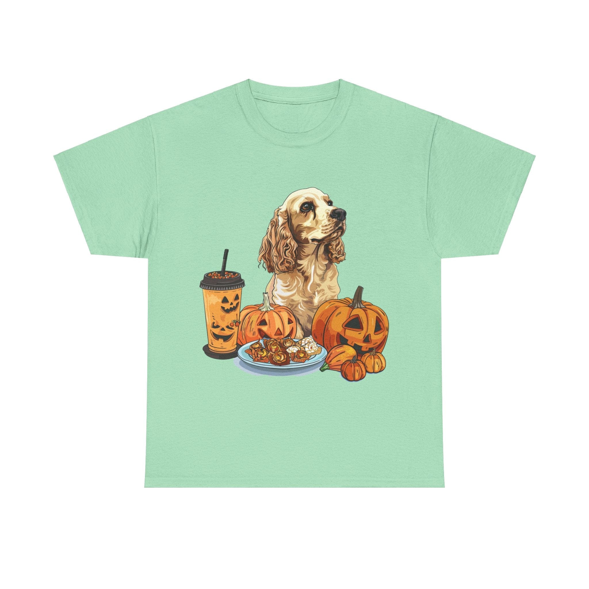 Printify T-Shirt Mint Green / S Cocker Spaniel Halloween Design with Pumpkins and Sweet Treats – Ideal for Dog Lovers