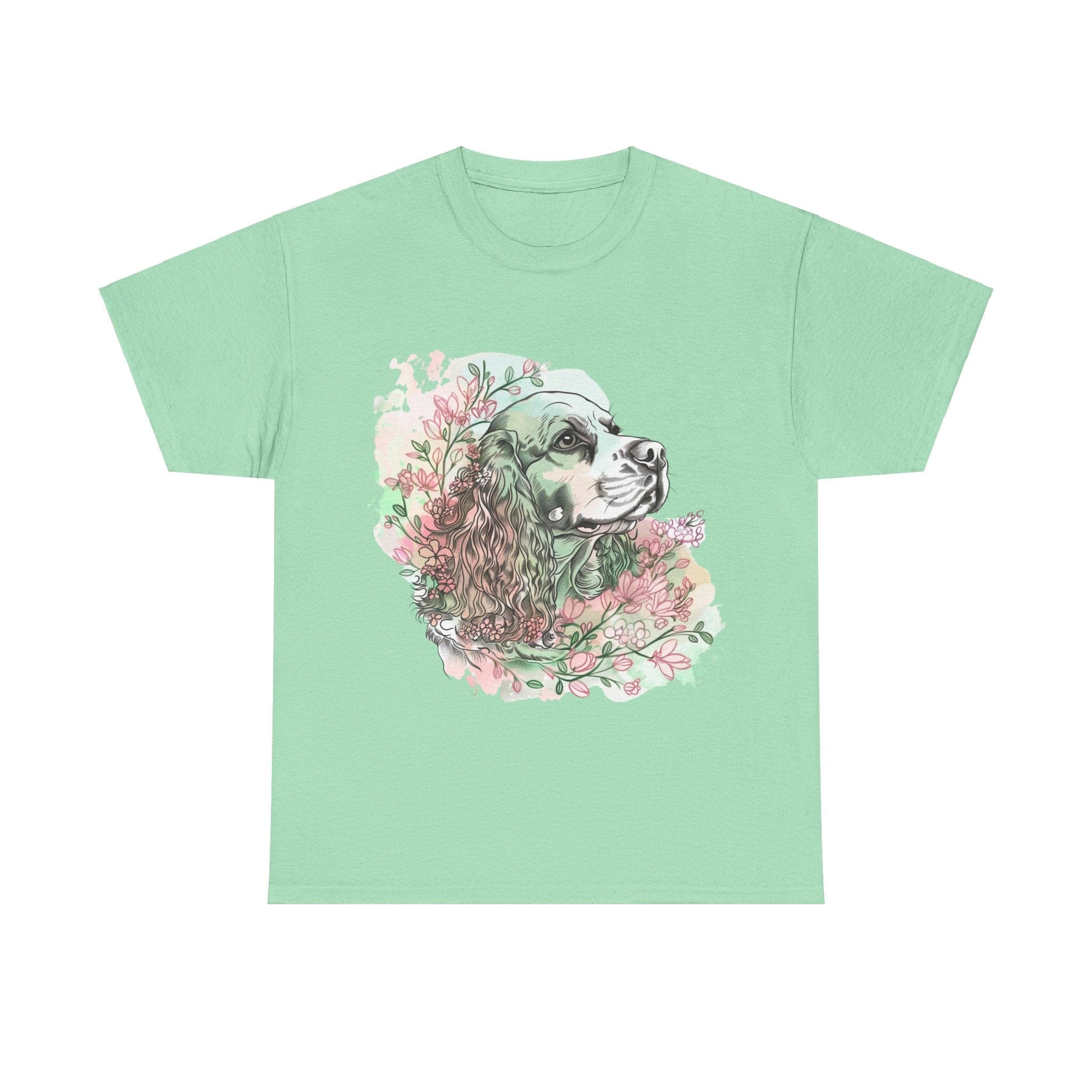 Printify T-Shirt Mint Green / S Cocker Spaniel with Floral Accents – Artistic Dog Illustration