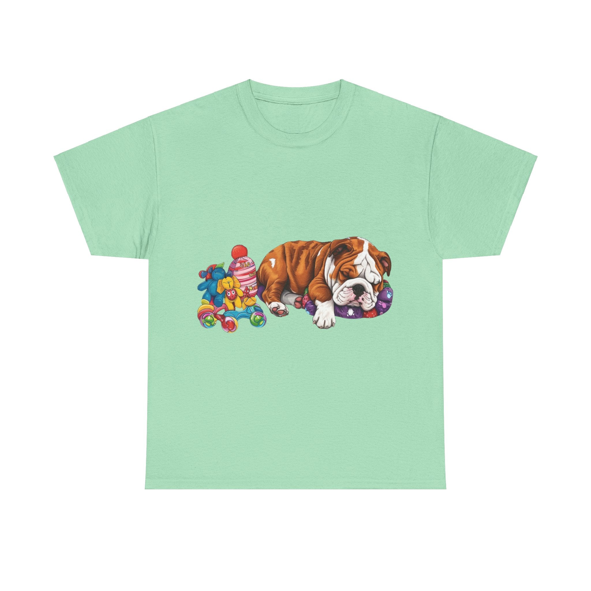 Printify T-Shirt Mint Green / S Cozy Sleeping Bulldog with Toys – Delightful Design for Dog Lovers