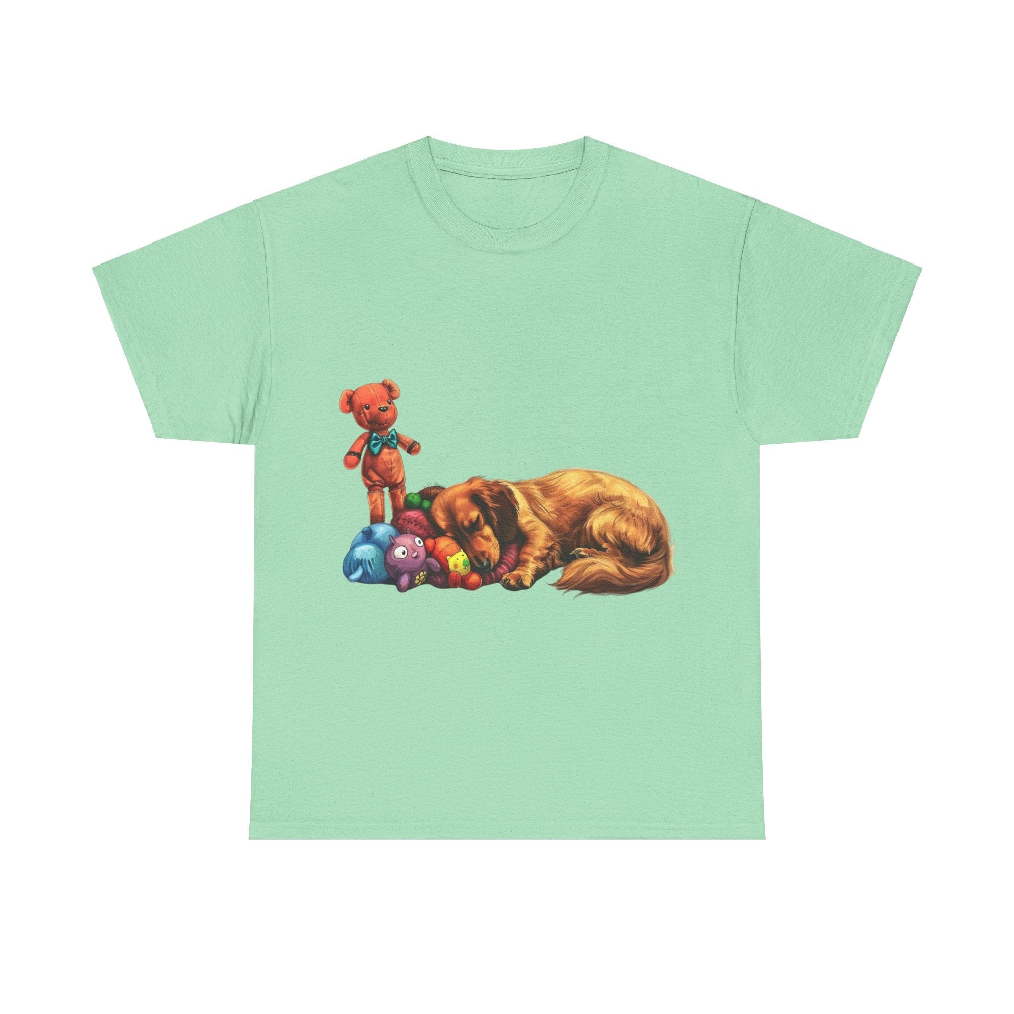 Printify T-Shirt Mint Green / S Cozy Sleeping Dachshund with Toys – Adorable Design for Pet Lovers