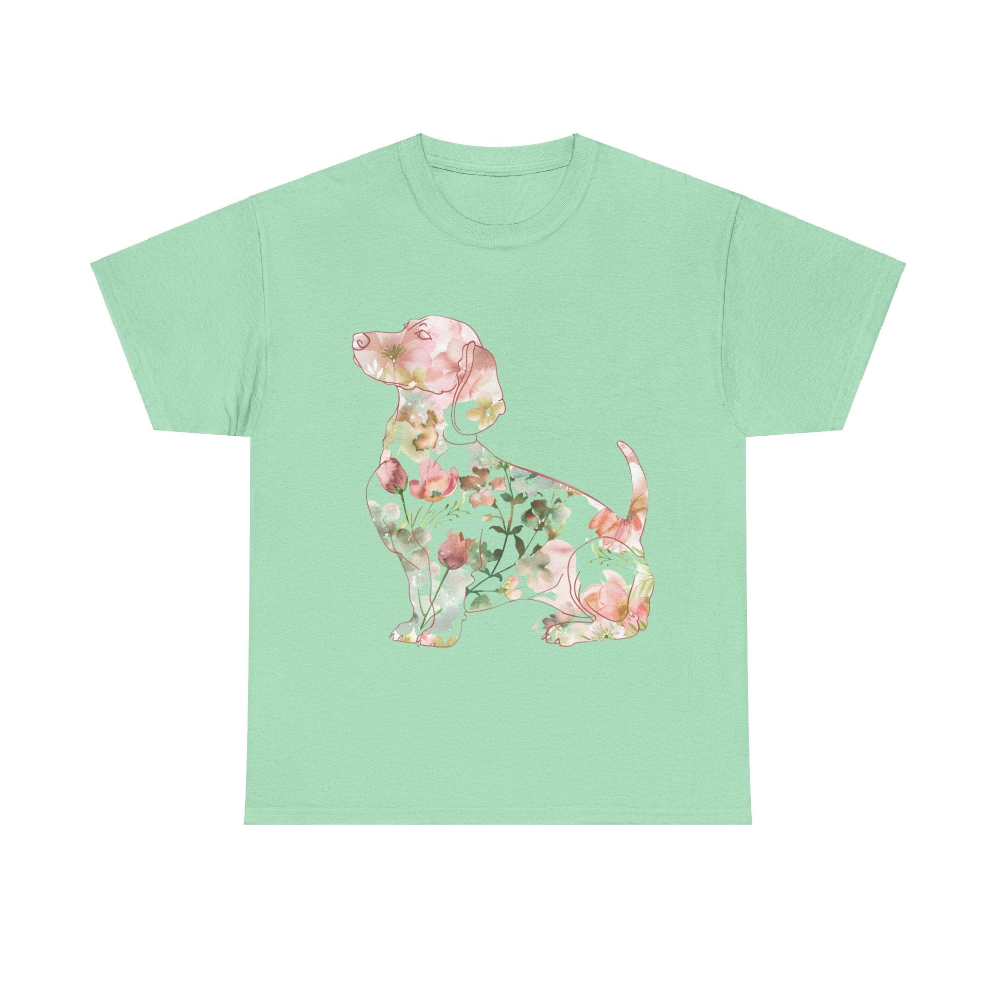 Printify T-Shirt Mint Green / S Floral Dachshund Unisex Heavy Cotton Tee