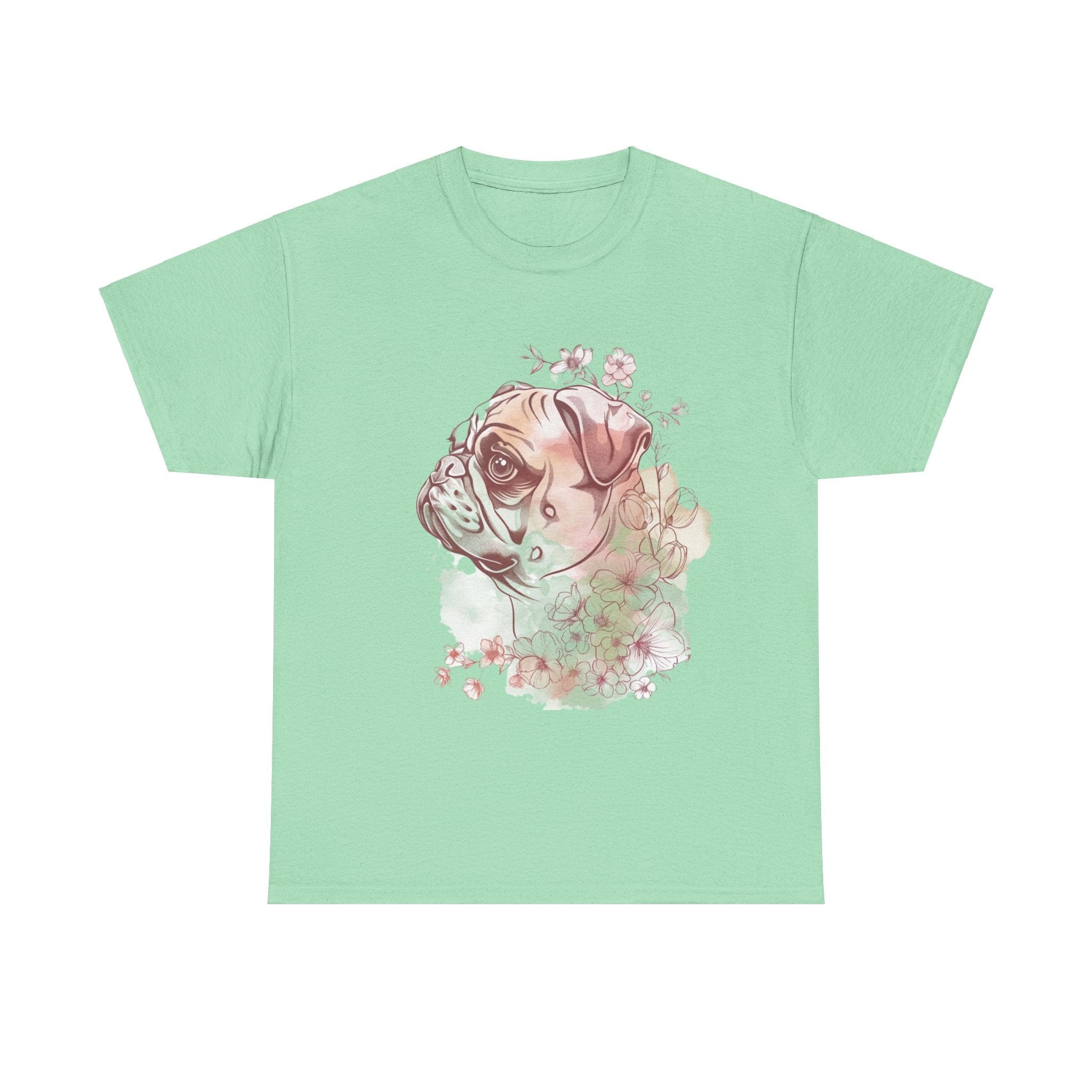 Printify T-Shirt Mint Green / S Floral Pug Silhouette Unisex Heavy Cotton Tee