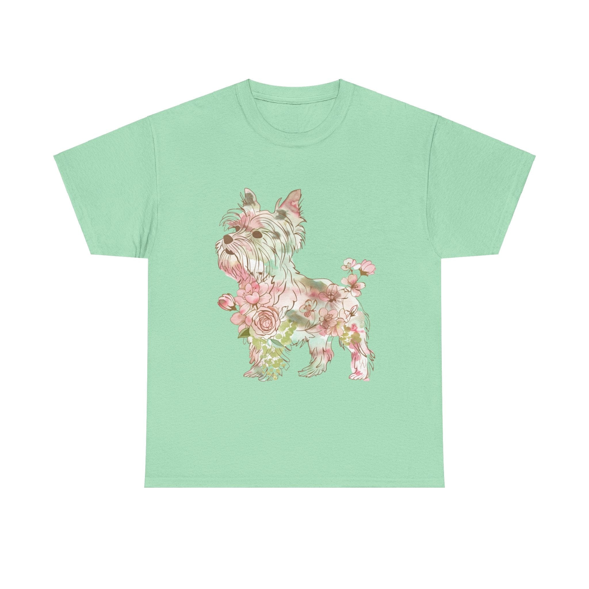 Printify T-Shirt Mint Green / S Floral Yorkshire Terrier Unisex Cotton Tee