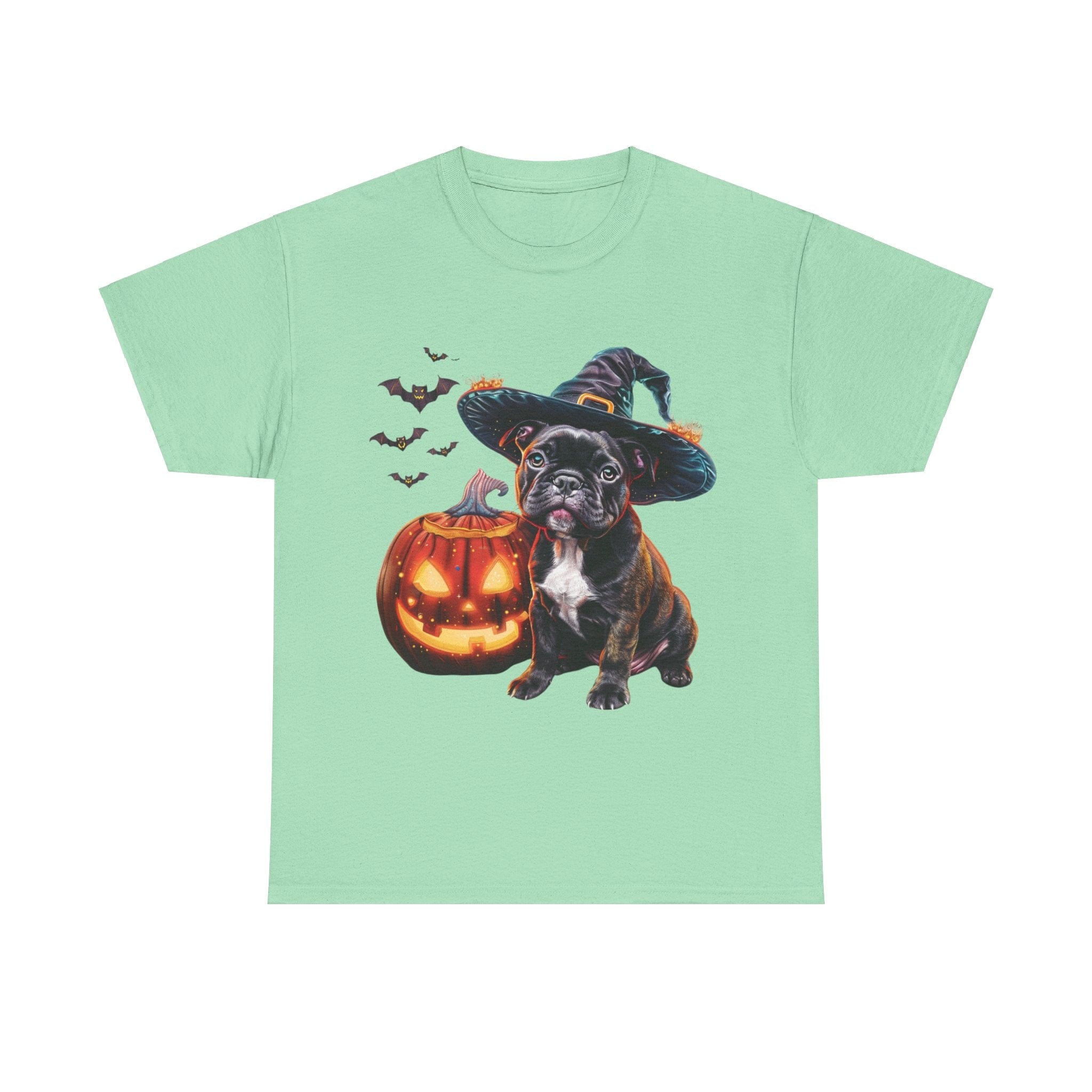 Printify T-Shirt Mint Green / S French Bulldog Halloween Witch Hat and Pumpkin Unisex Cotton Tee